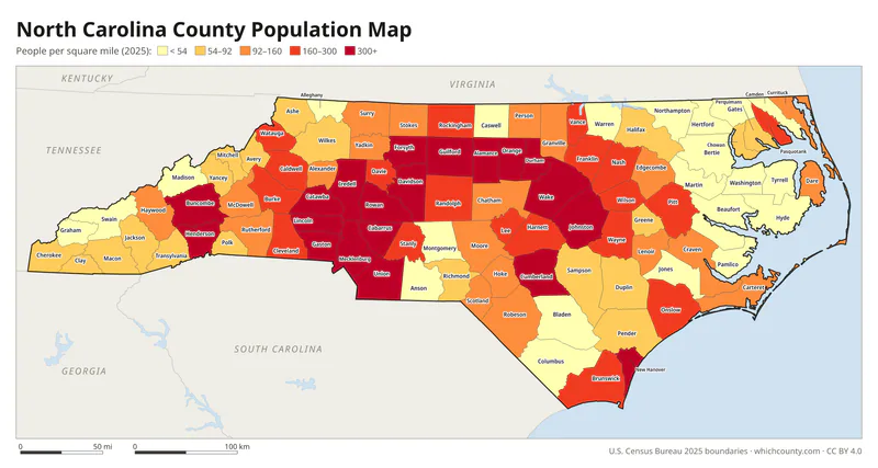Map of North Carolina counties shaded by population density