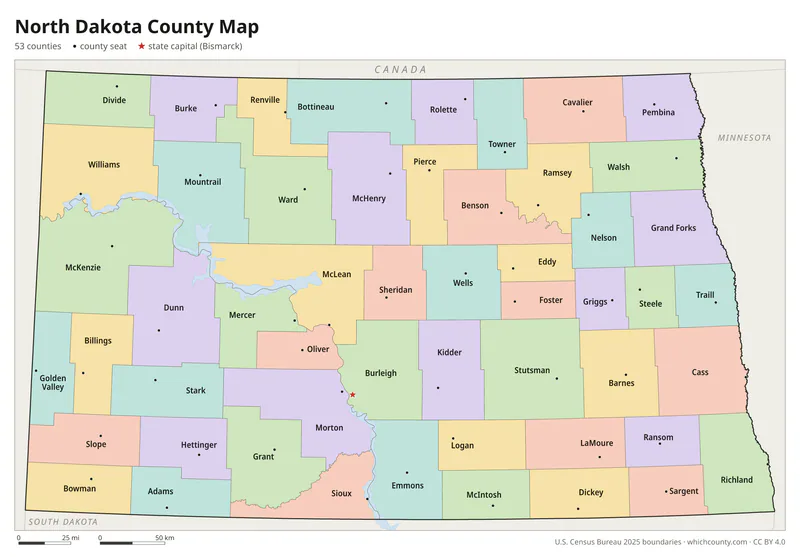 North Dakota county map with all 53 counties labeled