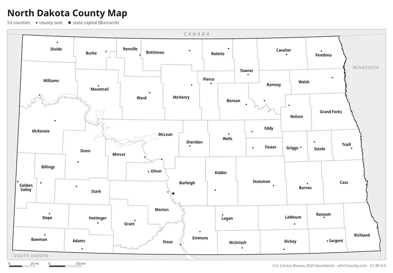 Black and white North Dakota county map