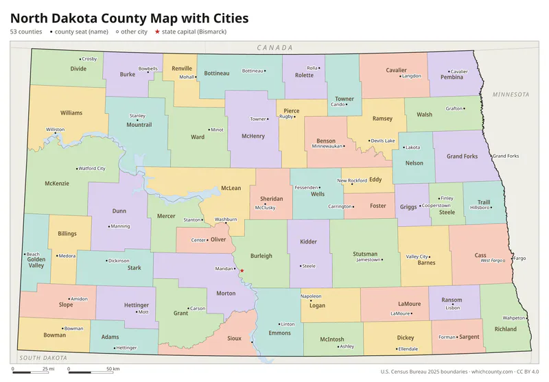 North Dakota county map with cities and county seats