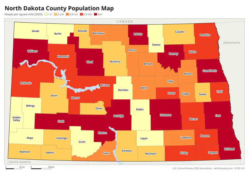 Map of North Dakota counties shaded by population density