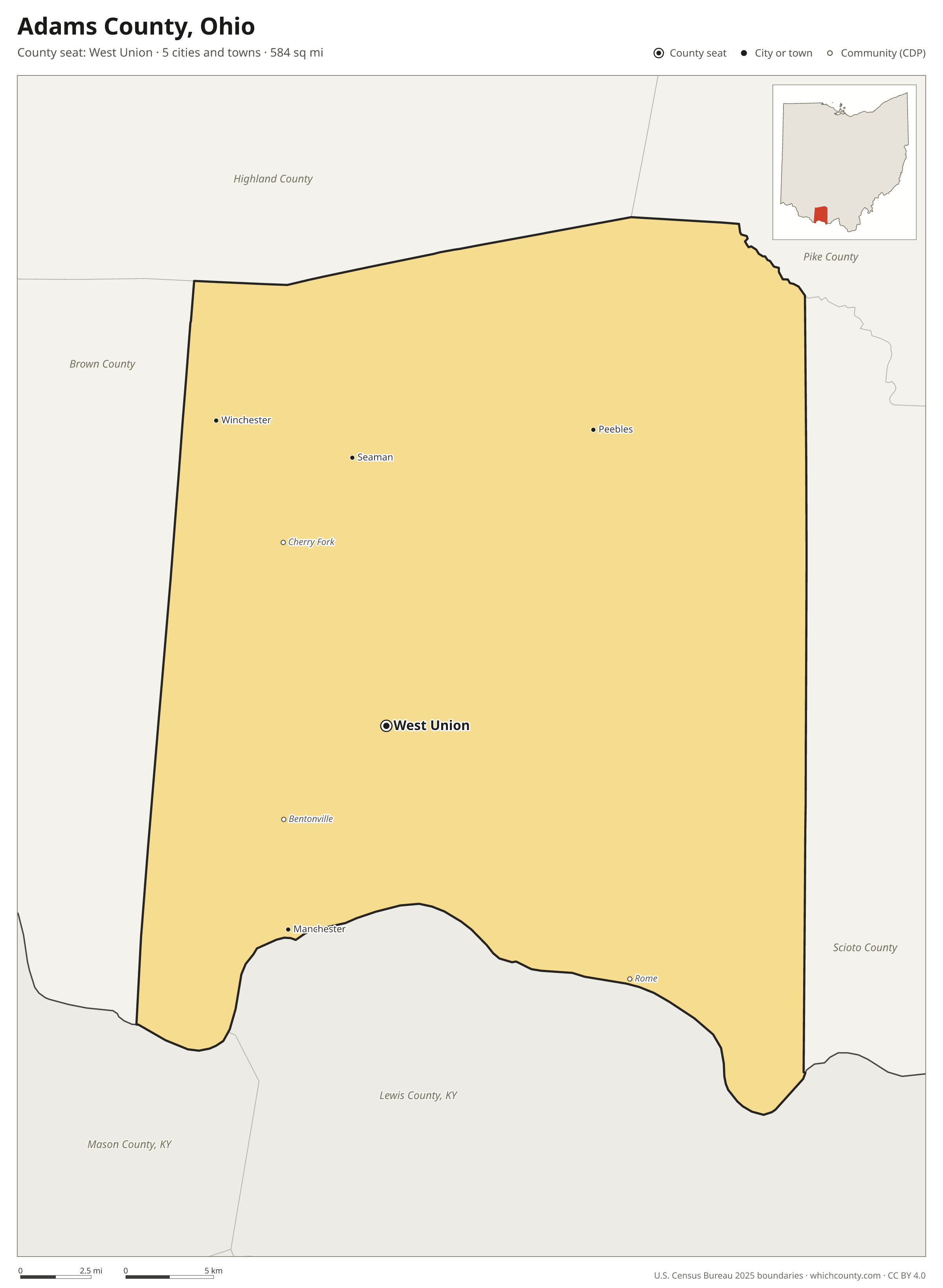 Map of Adams County, Ohio with cities, towns and the county boundary