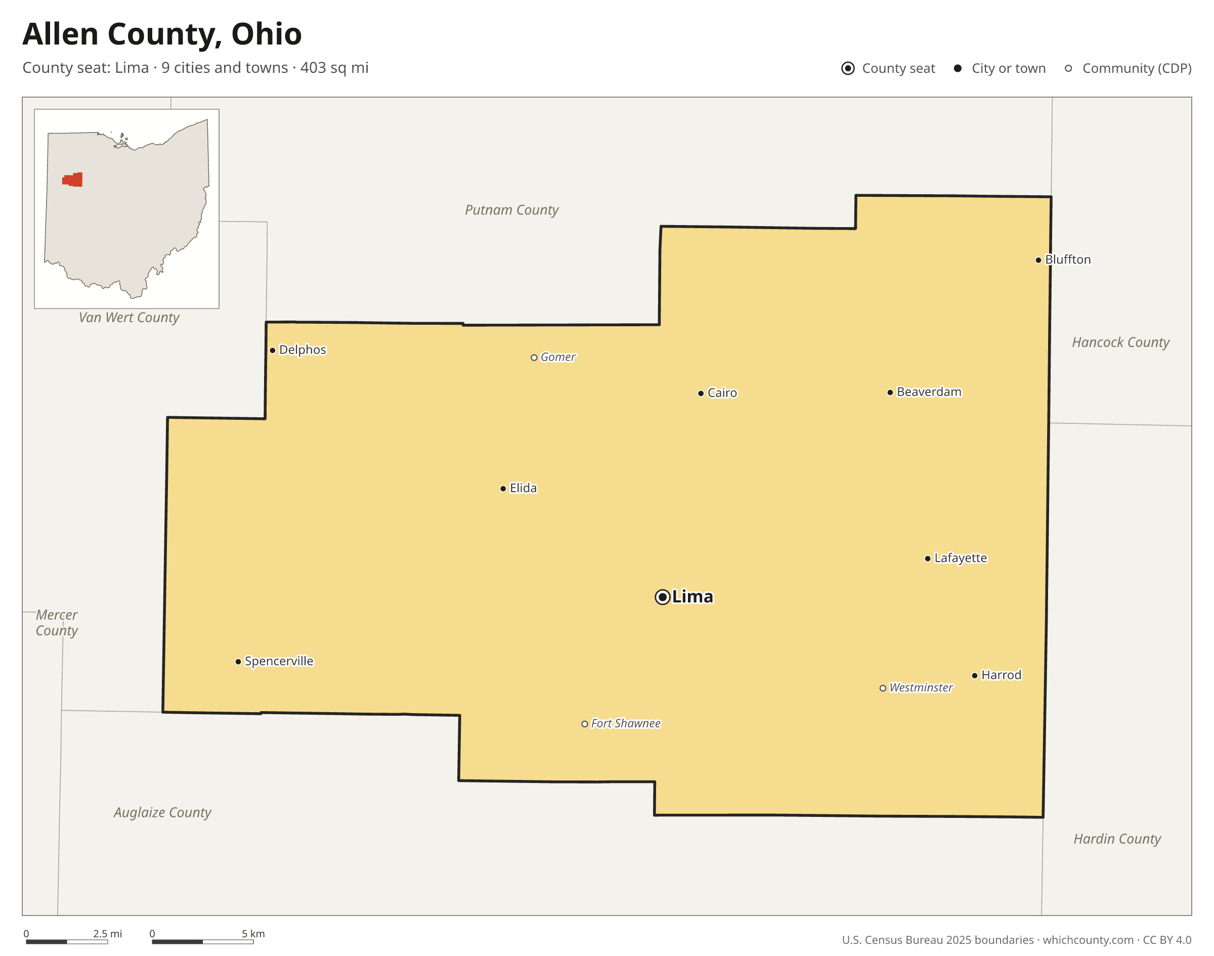 Map of Allen County, Ohio with cities, towns and the county boundary