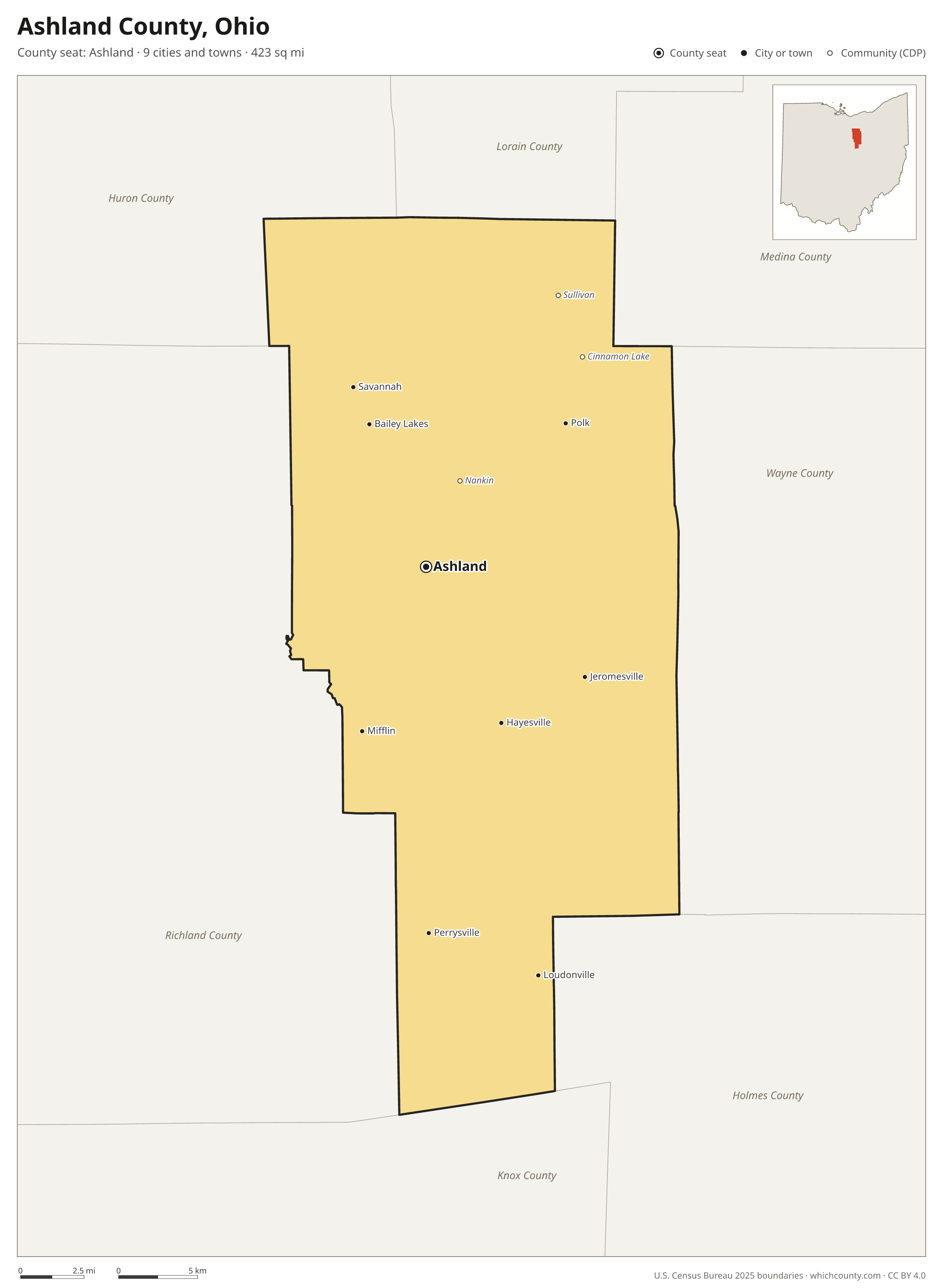 Map of Ashland County, Ohio with cities, towns and the county boundary
