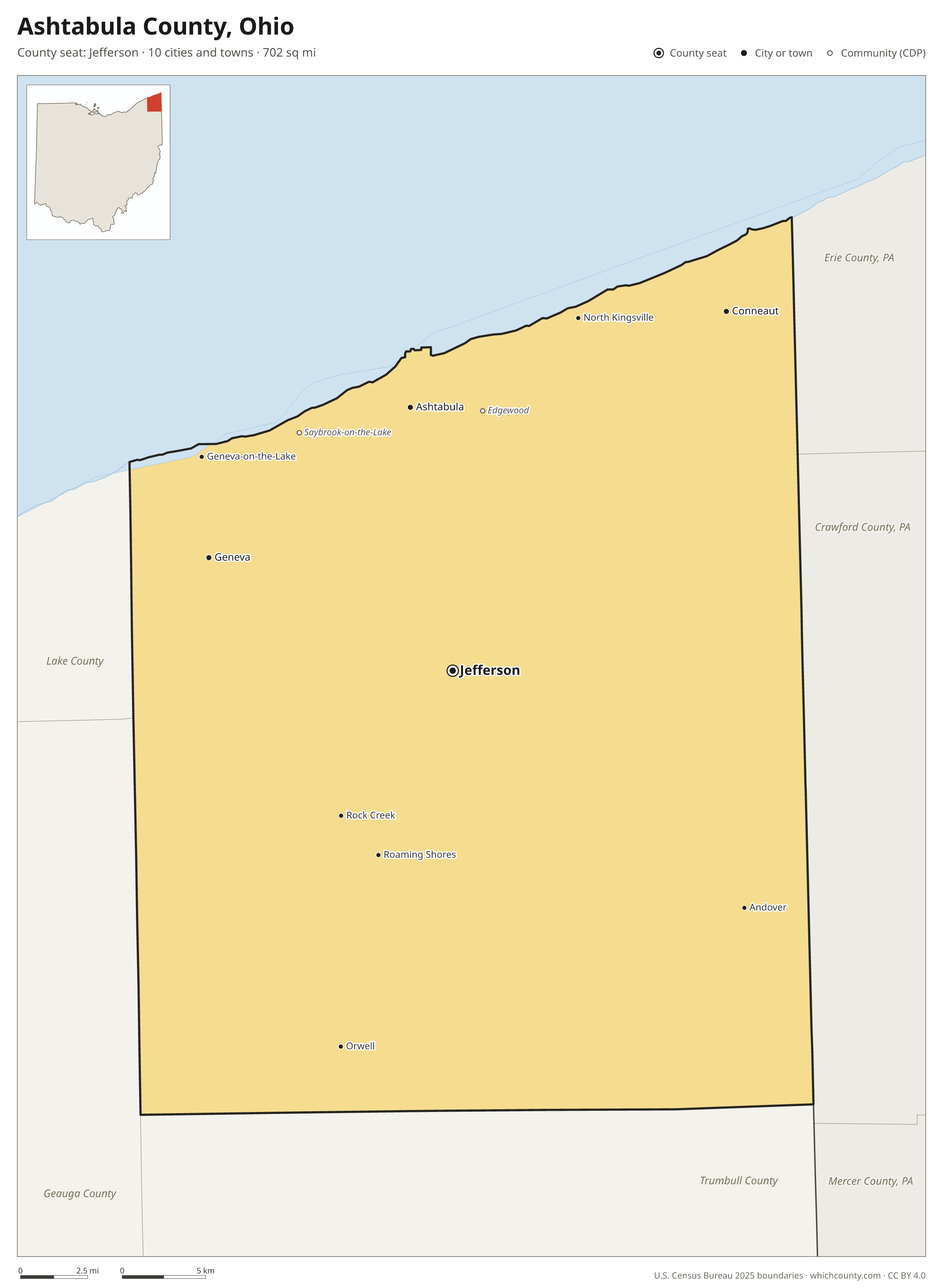 Map of Ashtabula County, Ohio with cities, towns and the county boundary