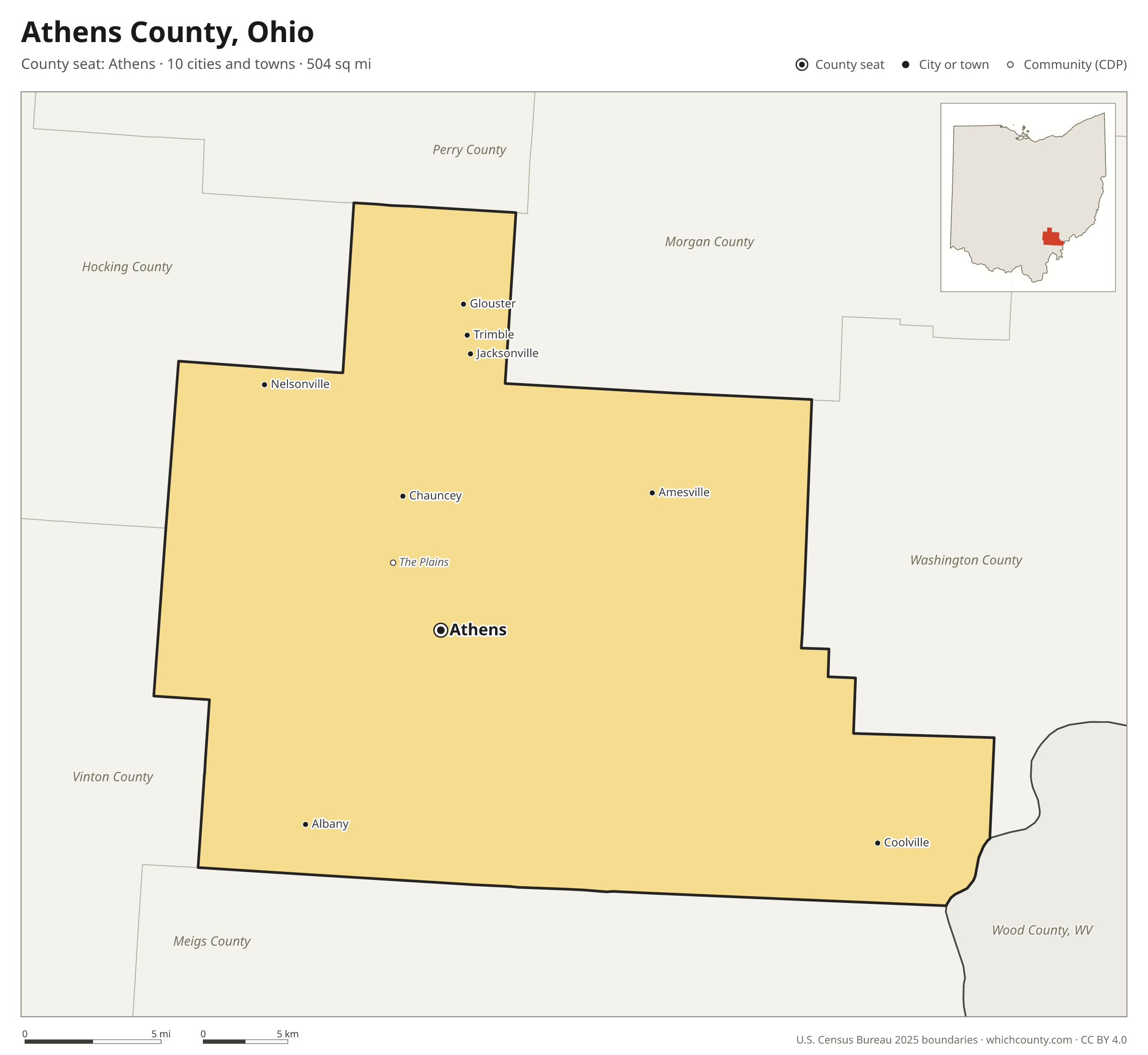 Map of Athens County, Ohio with cities, towns and the county boundary