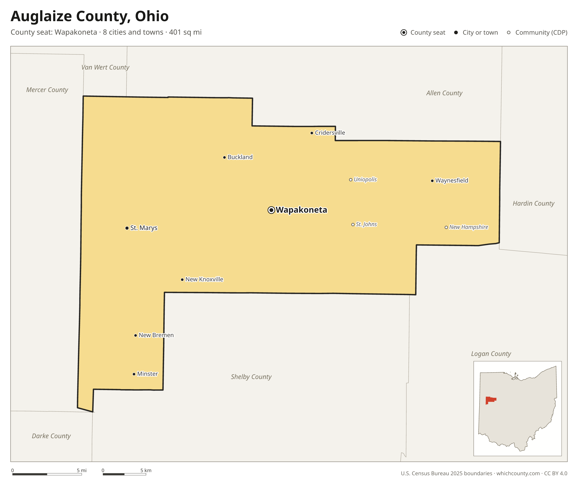Map of Auglaize County, Ohio with cities, towns and the county boundary
