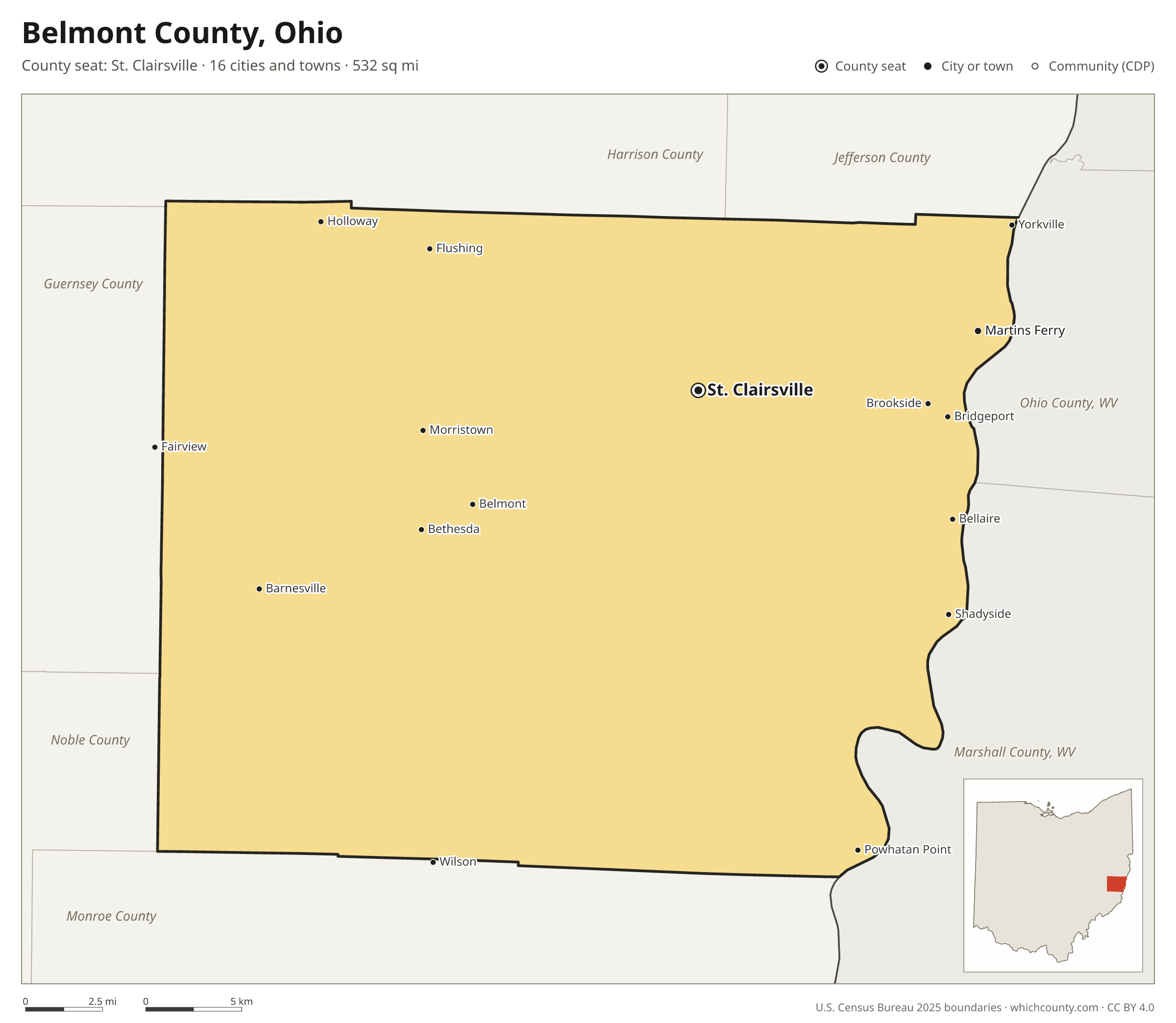 Map of Belmont County, Ohio with cities, towns and the county boundary