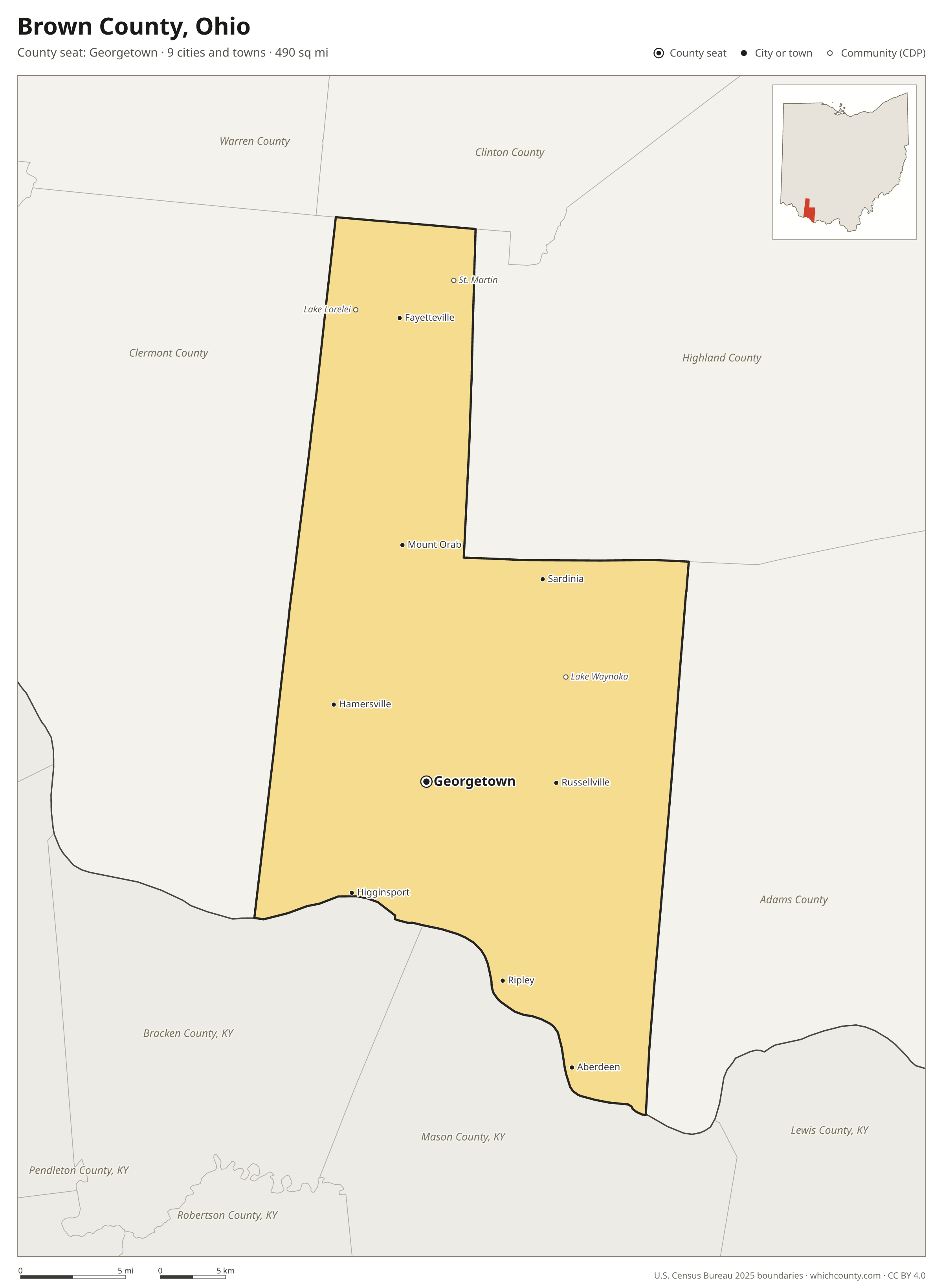 Map of Brown County, Ohio with cities, towns and the county boundary