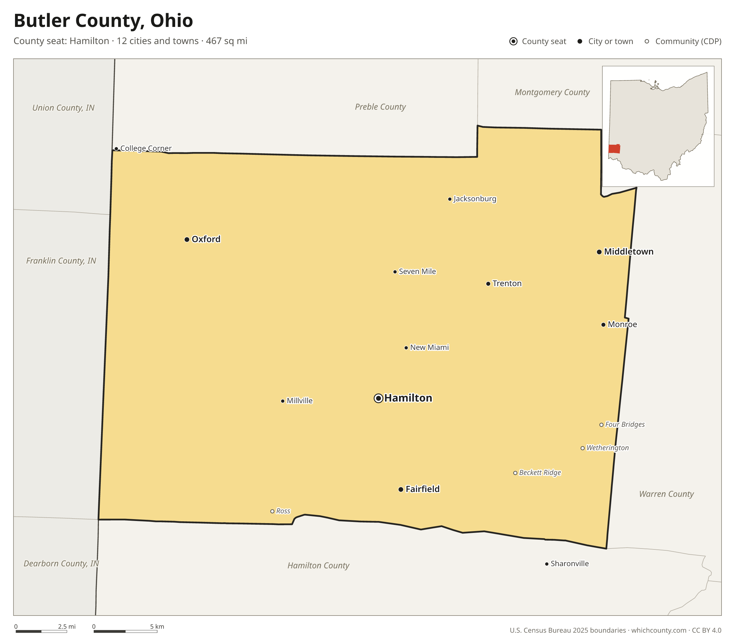 Map of Butler County, Ohio with cities, towns and the county boundary
