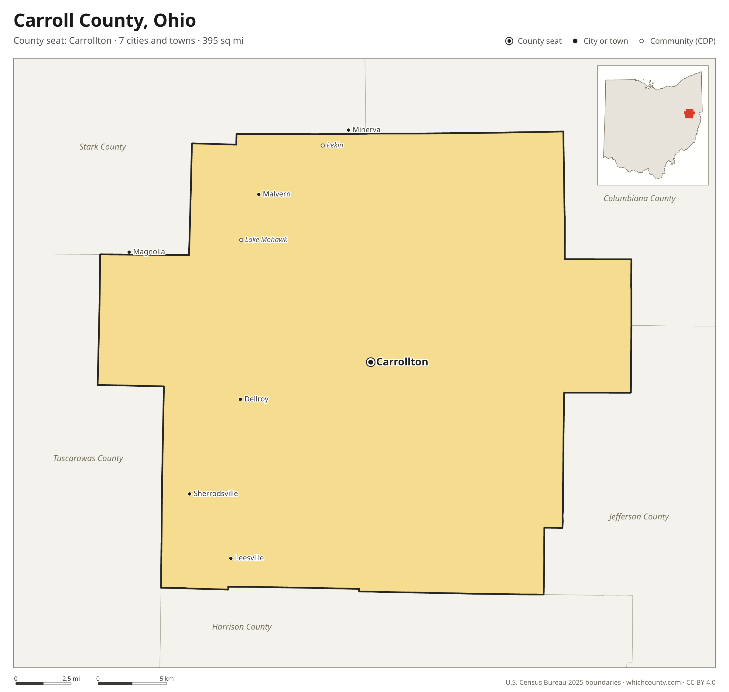 Map of Carroll County, Ohio with cities, towns and the county boundary