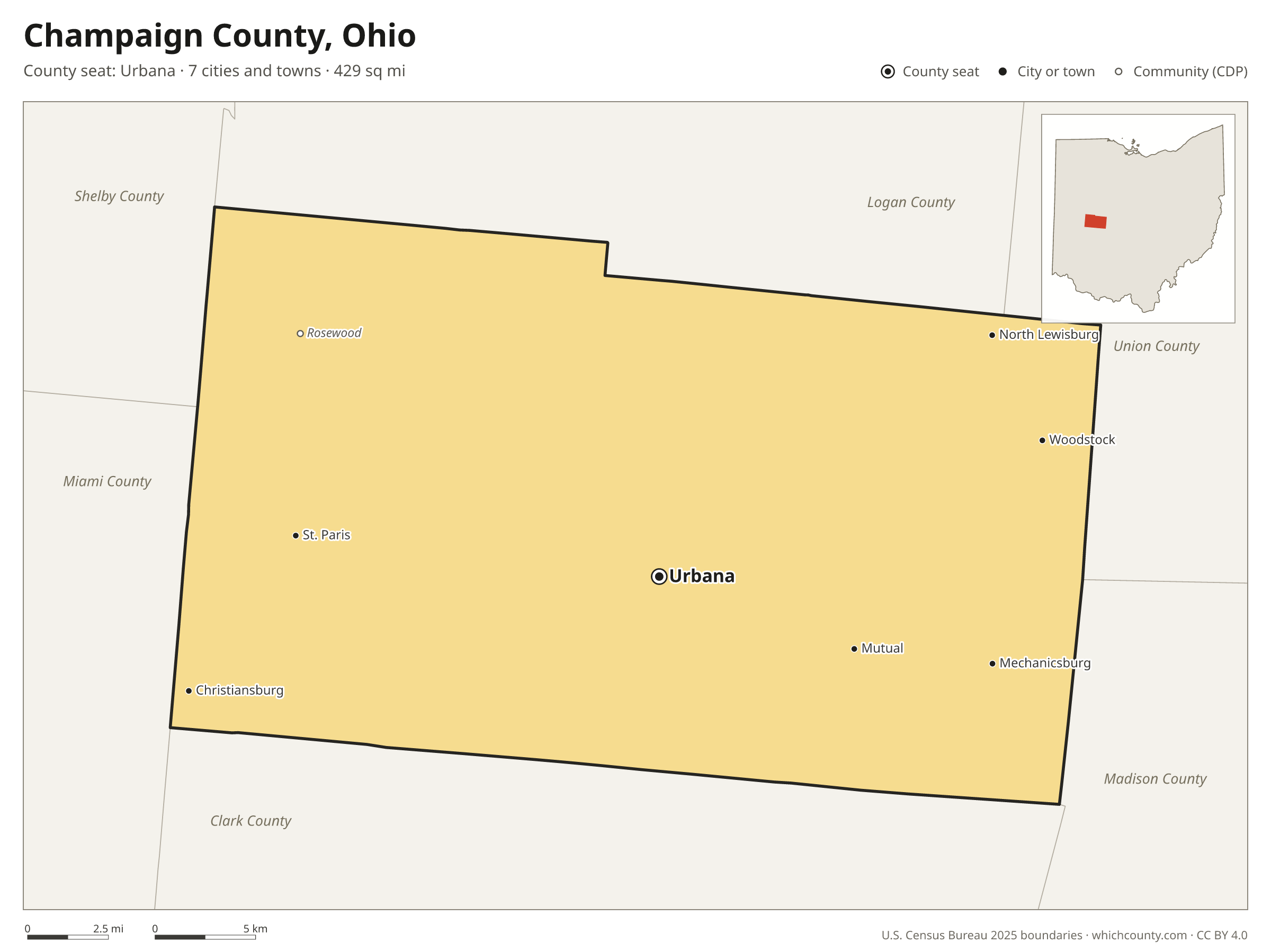 Map of Champaign County, Ohio with cities, towns and the county boundary