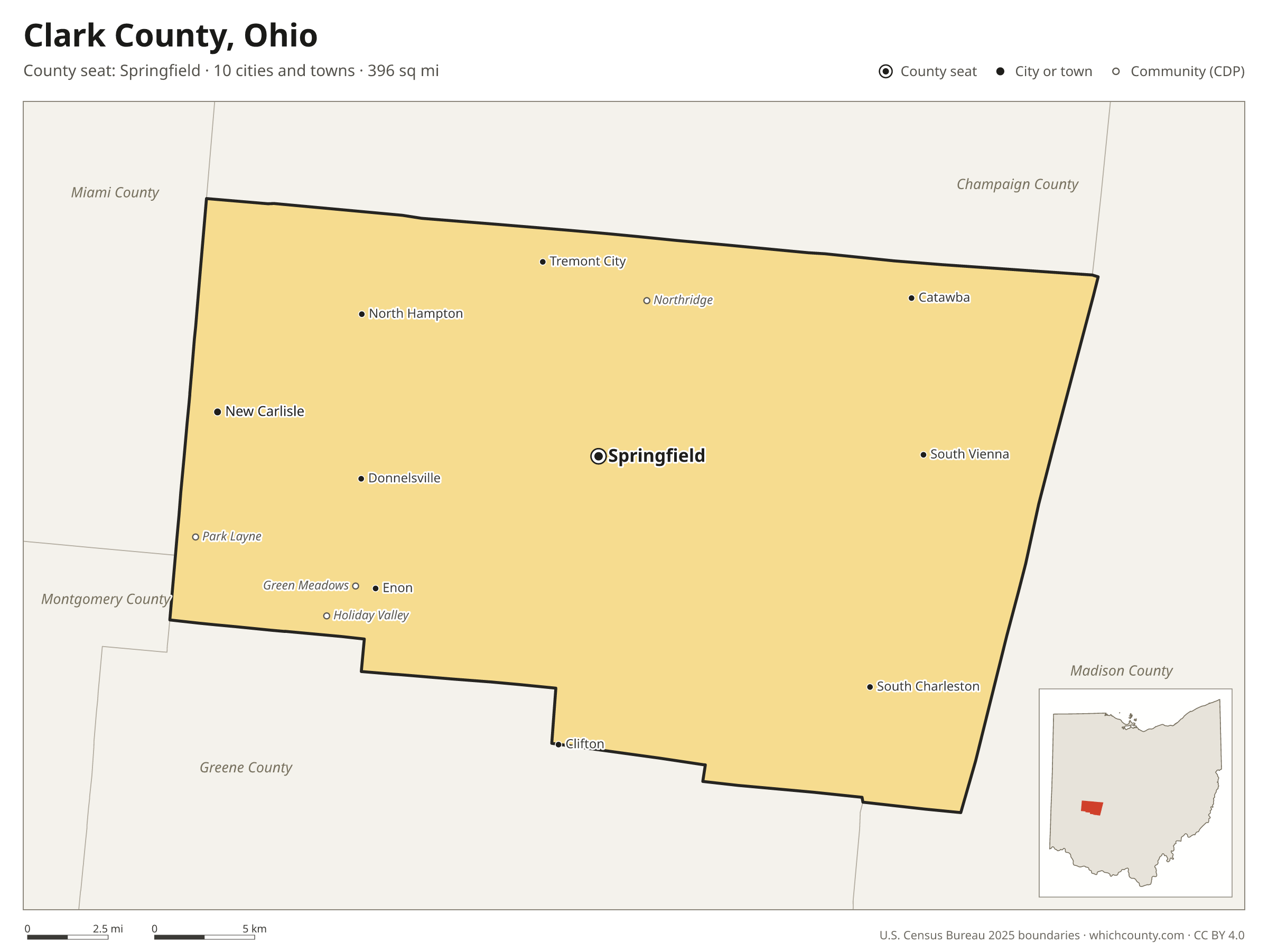 Map of Clark County, Ohio with cities, towns and the county boundary