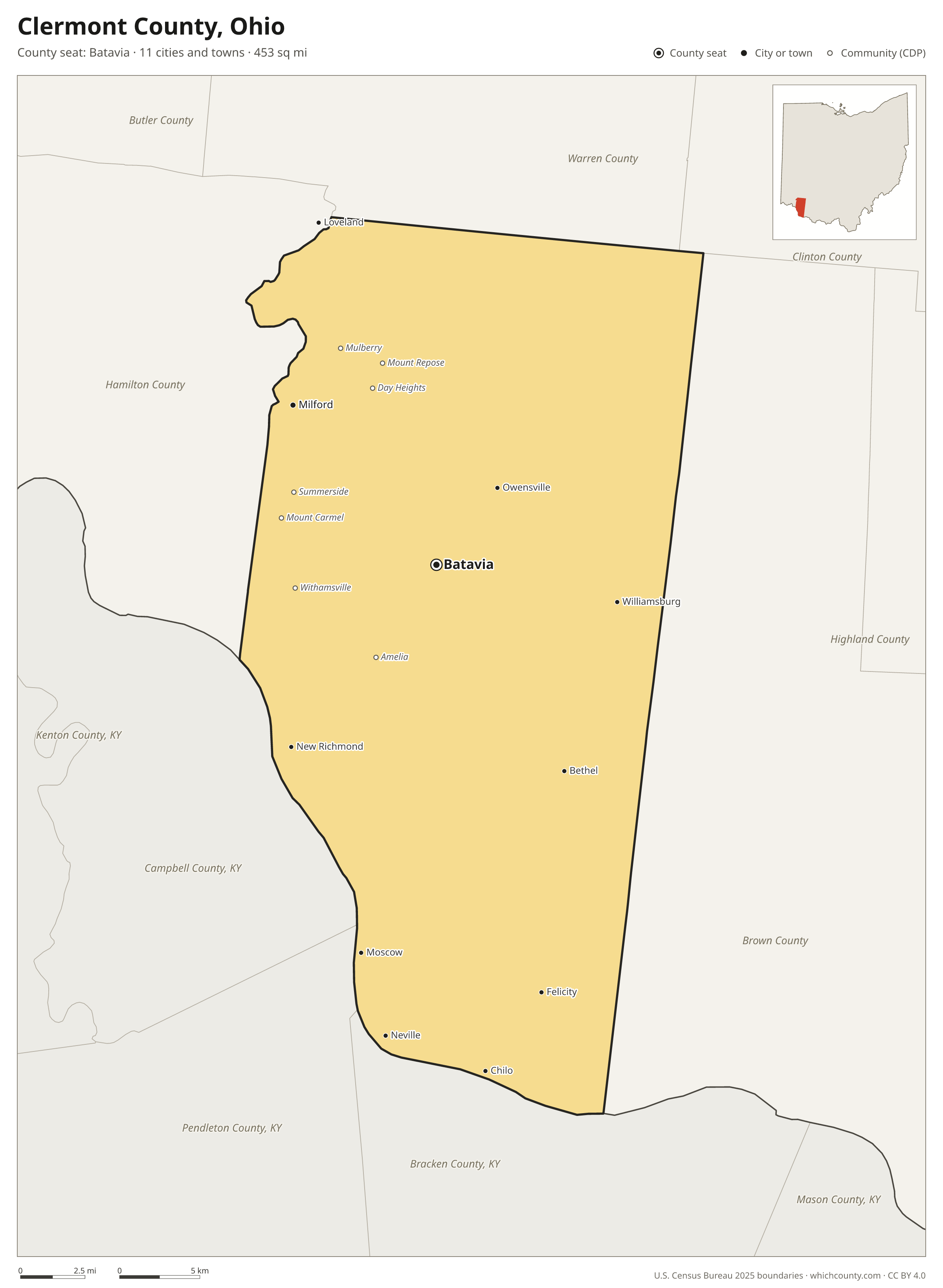 Map of Clermont County, Ohio with cities, towns and the county boundary