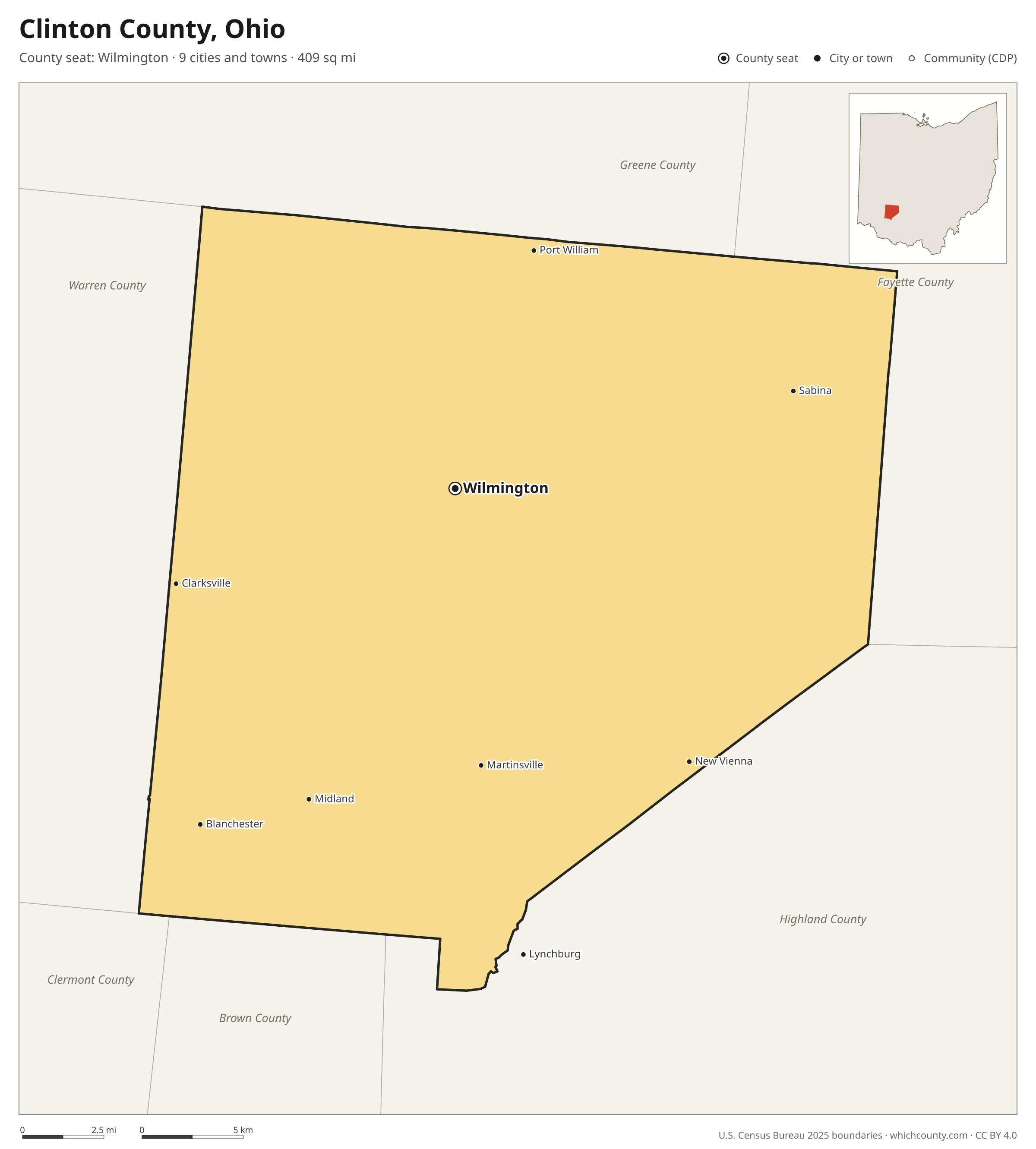 Map of Clinton County, Ohio with cities, towns and the county boundary