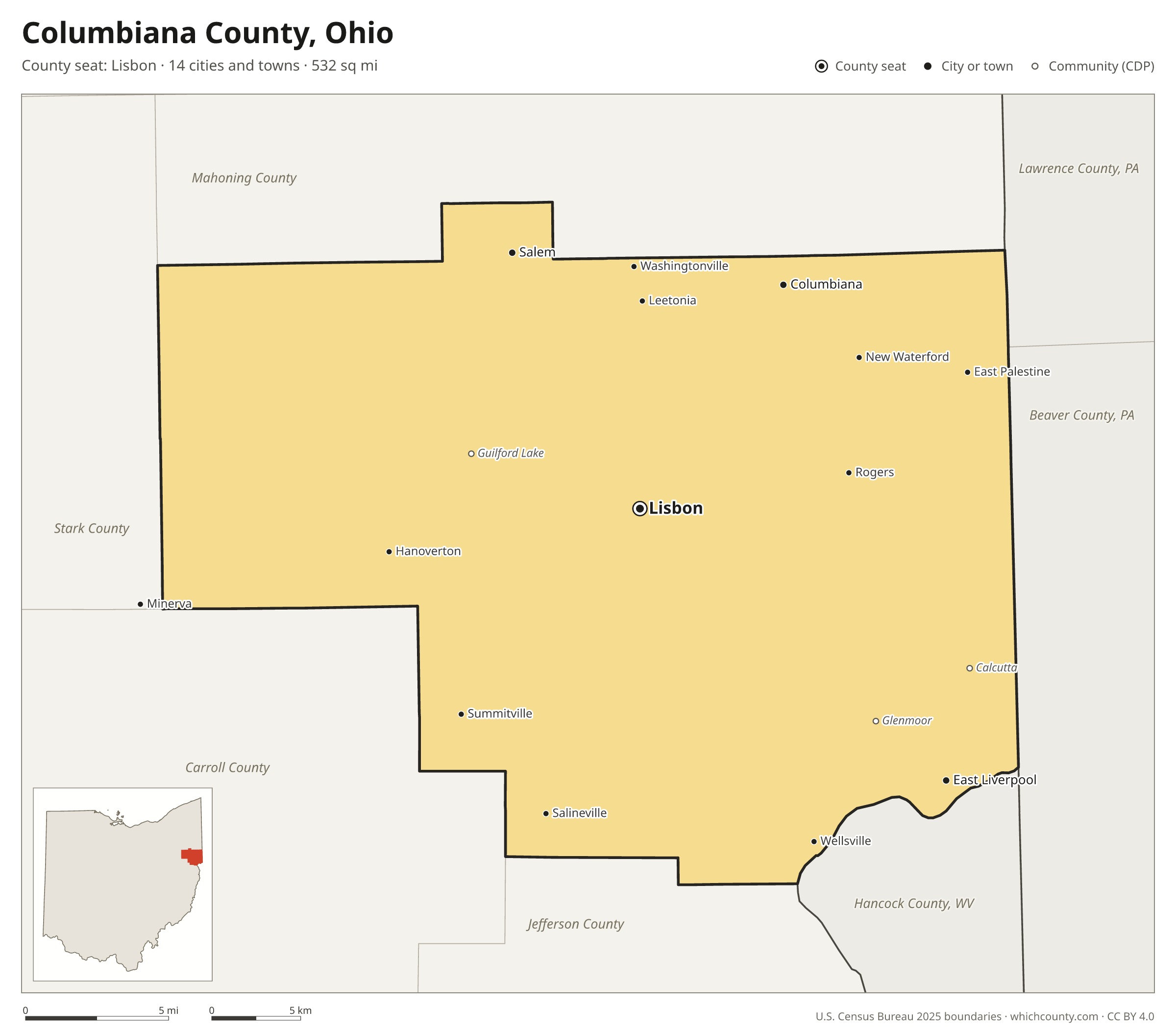 Map of Columbiana County, Ohio with cities, towns and the county boundary