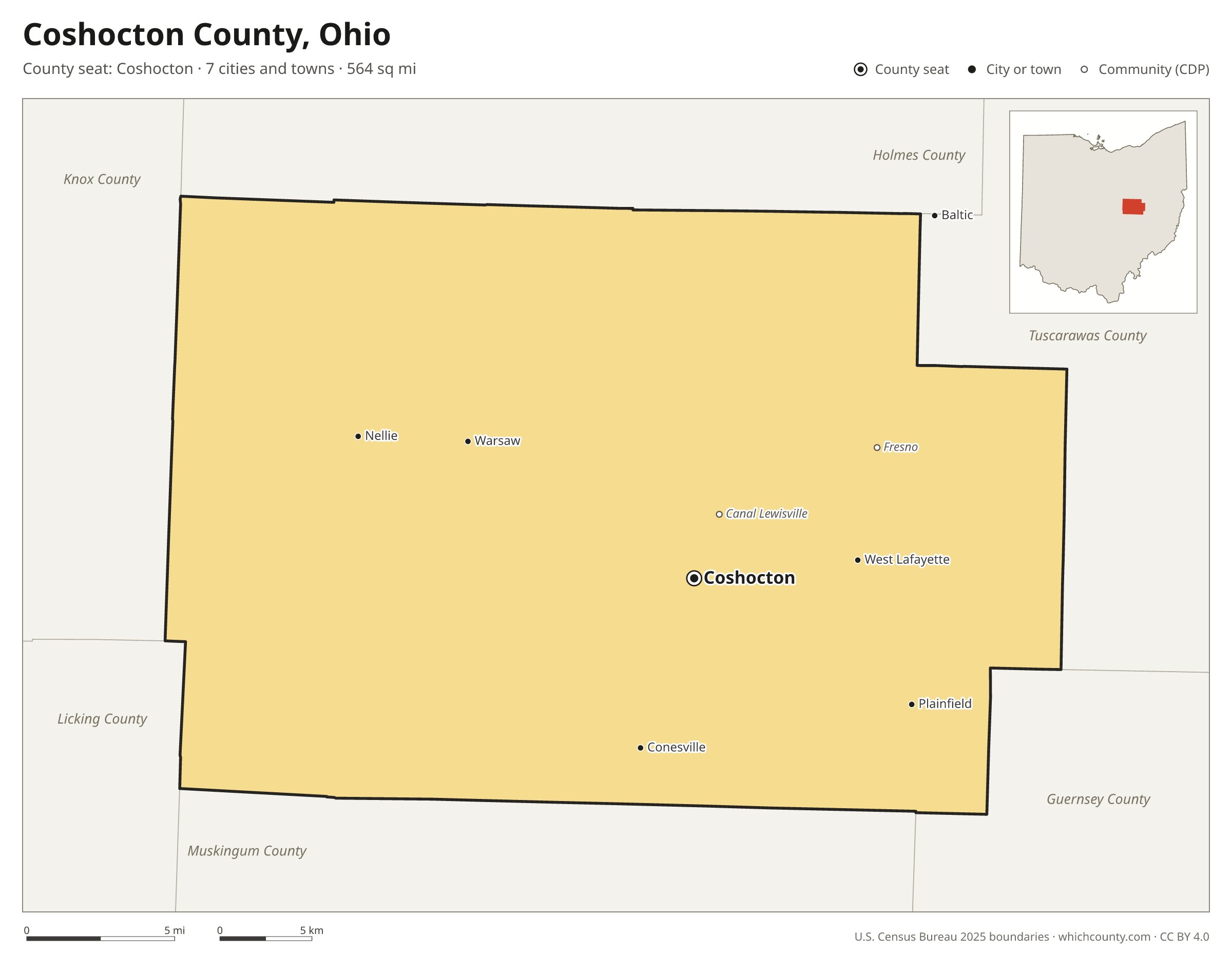 Map of Coshocton County, Ohio with cities, towns and the county boundary