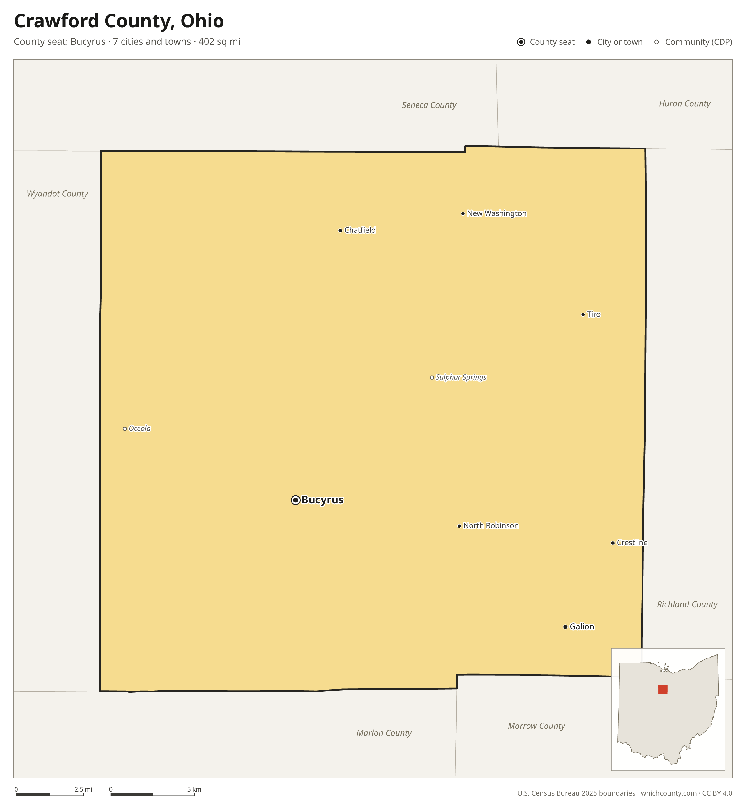 Map of Crawford County, Ohio with cities, towns and the county boundary
