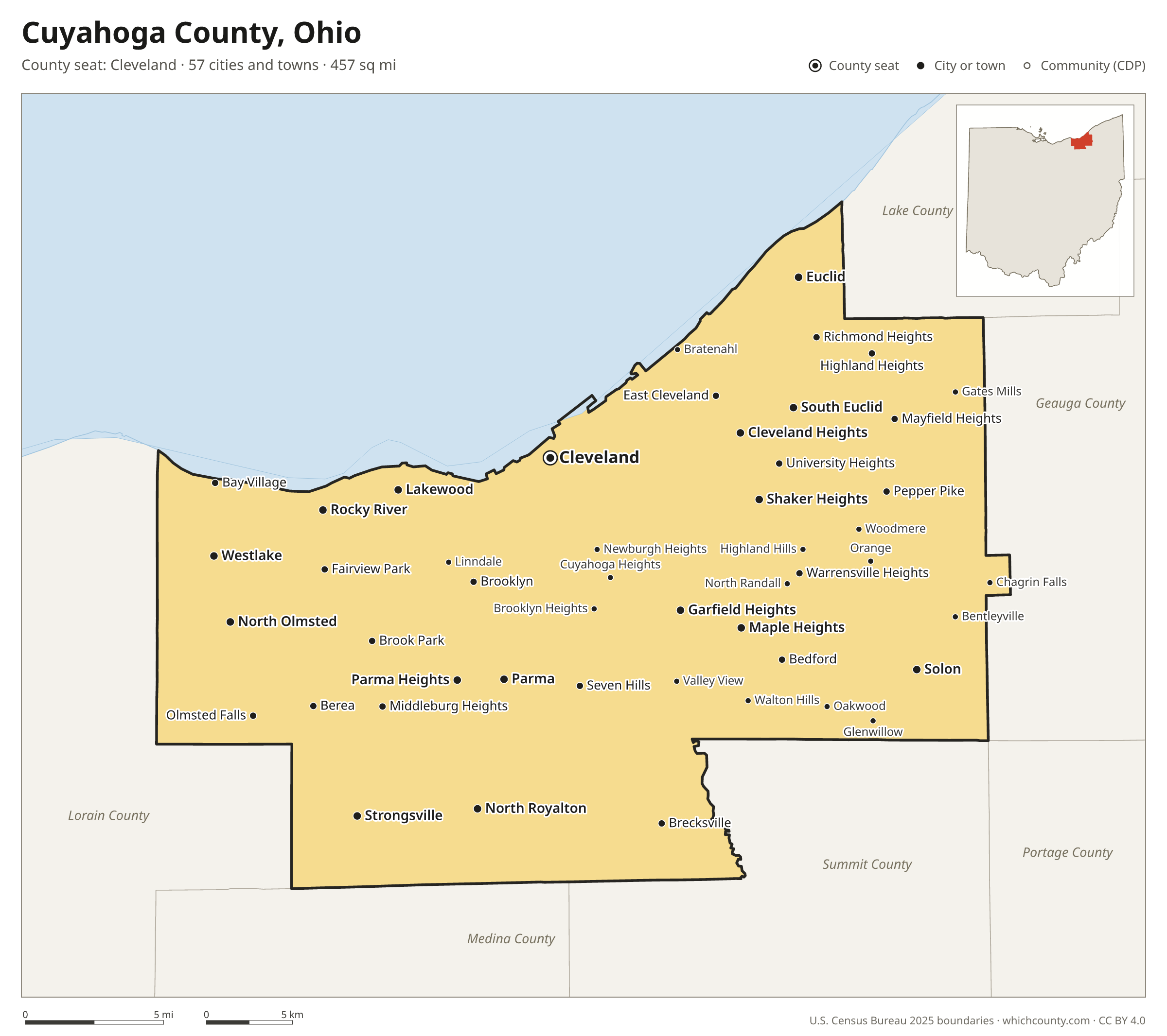 Map of Cuyahoga County, Ohio with cities, towns and the county boundary