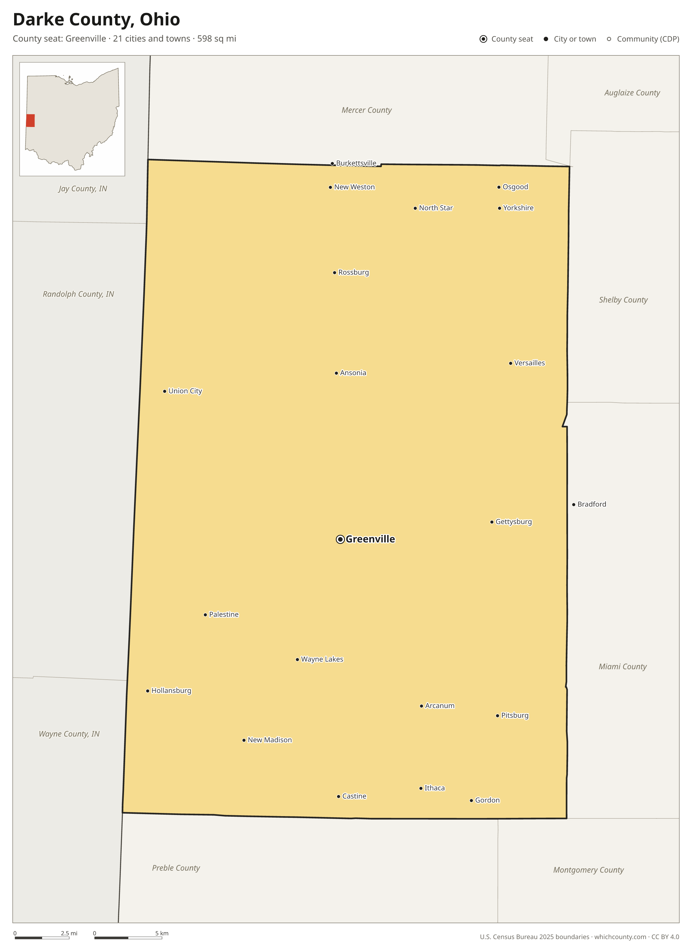 Map of Darke County, Ohio with cities, towns and the county boundary