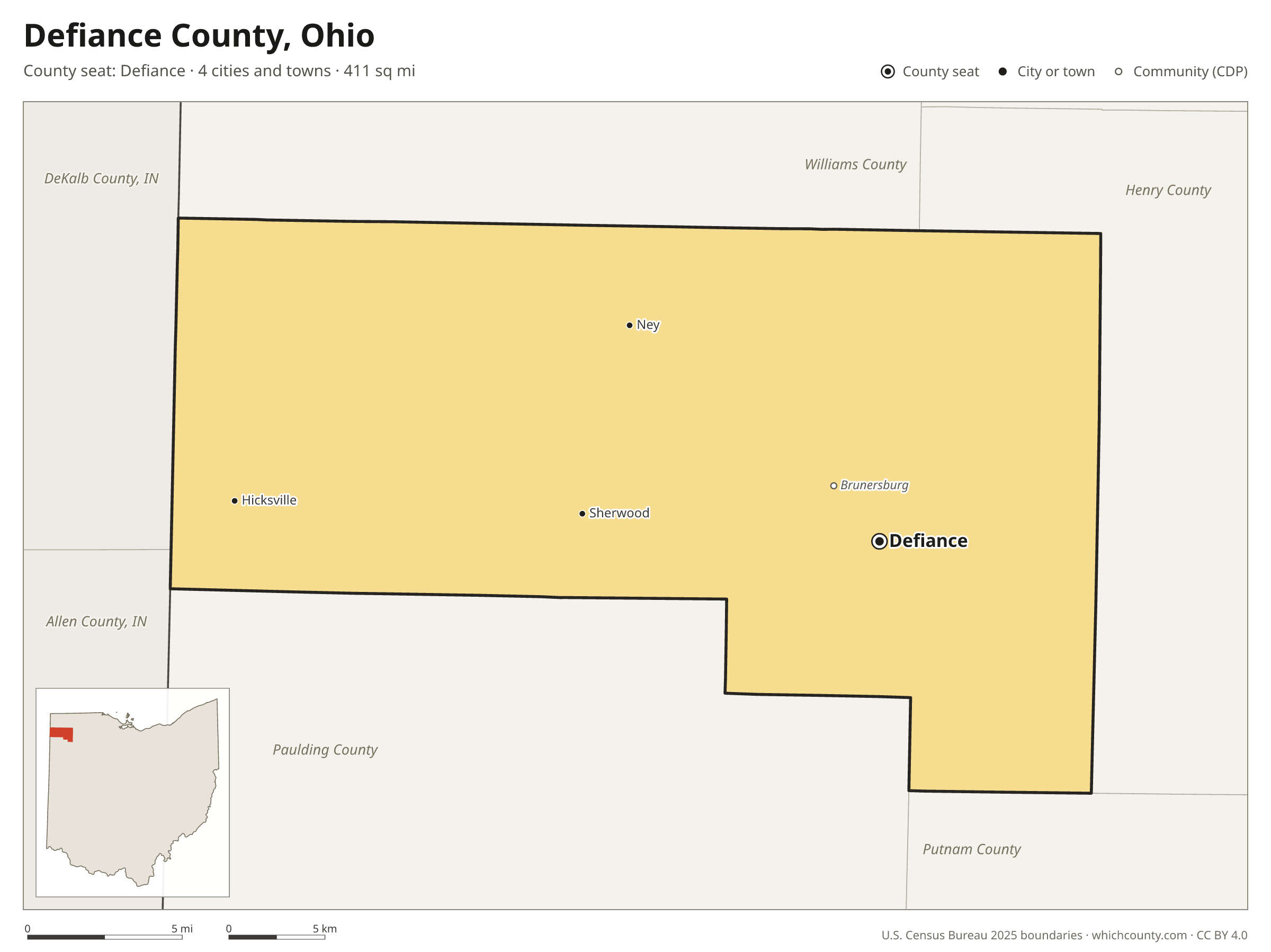 Map of Defiance County, Ohio with cities, towns and the county boundary