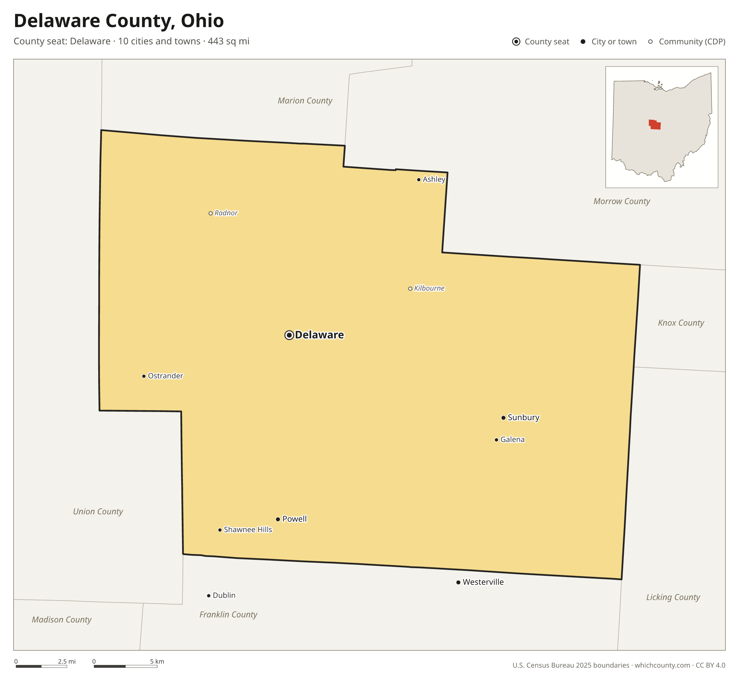 Map of Delaware County, Ohio with cities, towns and the county boundary