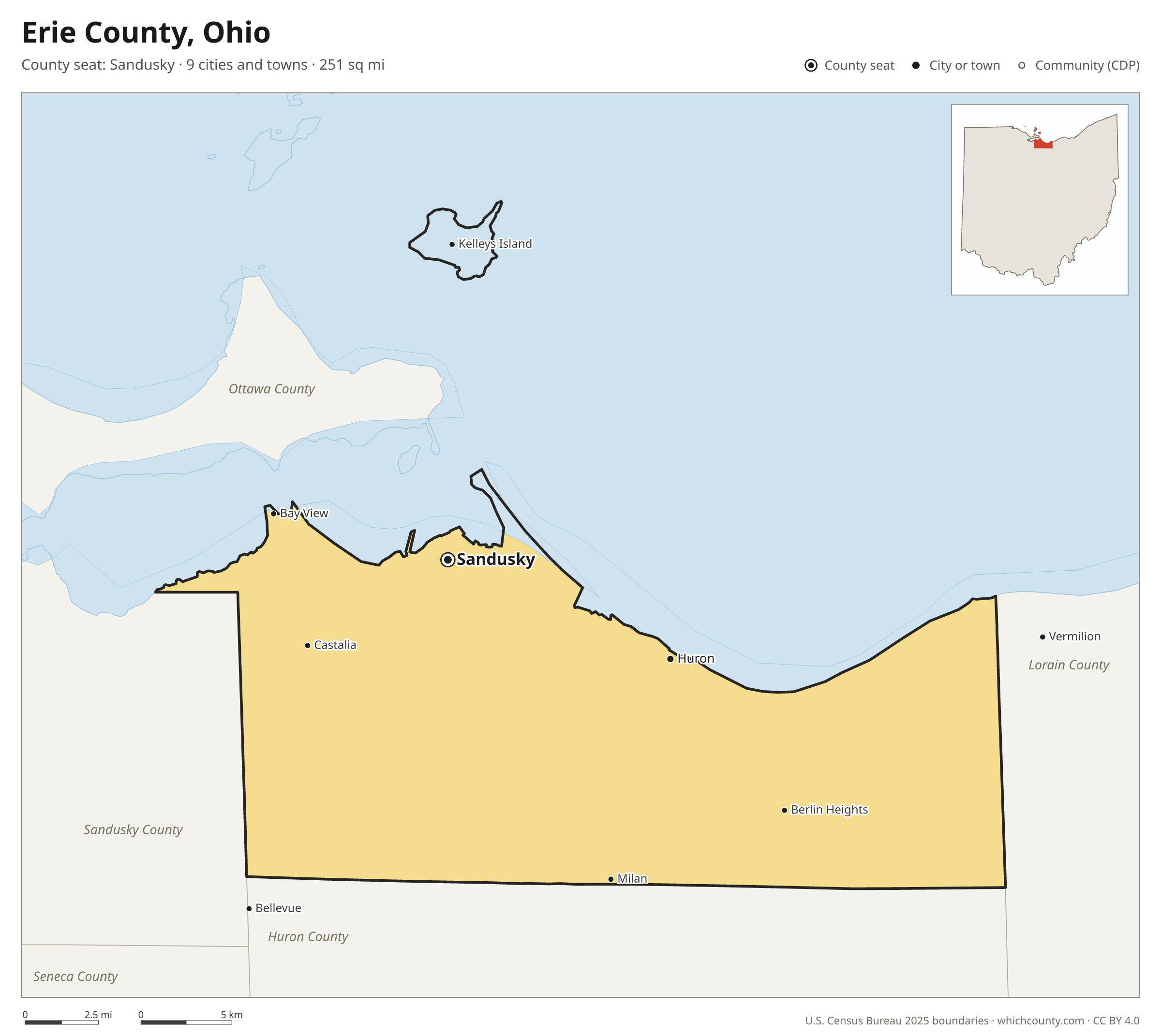 Map of Erie County, Ohio with cities, towns and the county boundary