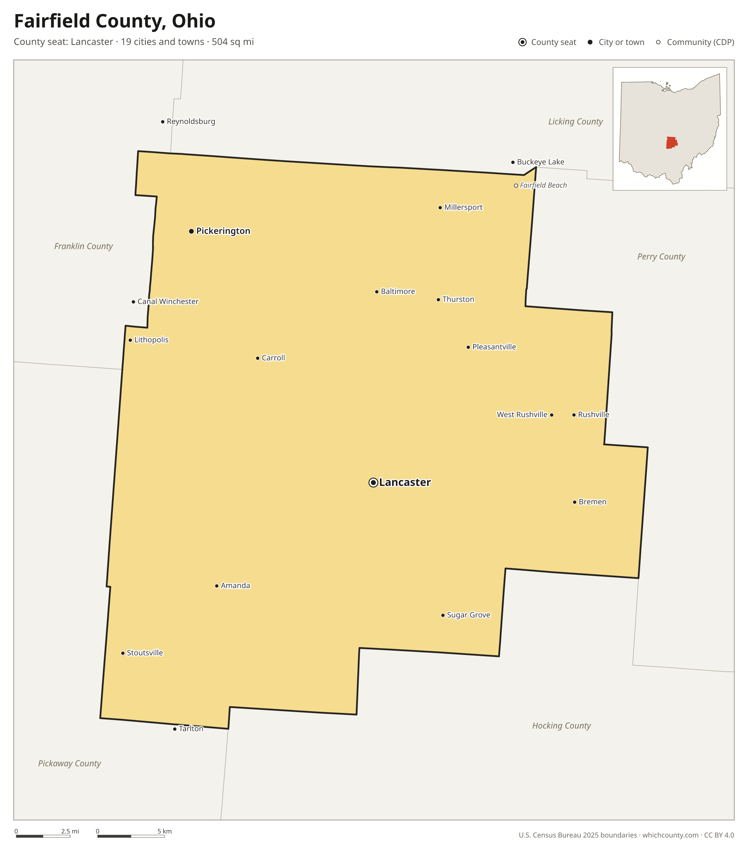Map of Fairfield County, Ohio with cities, towns and the county boundary