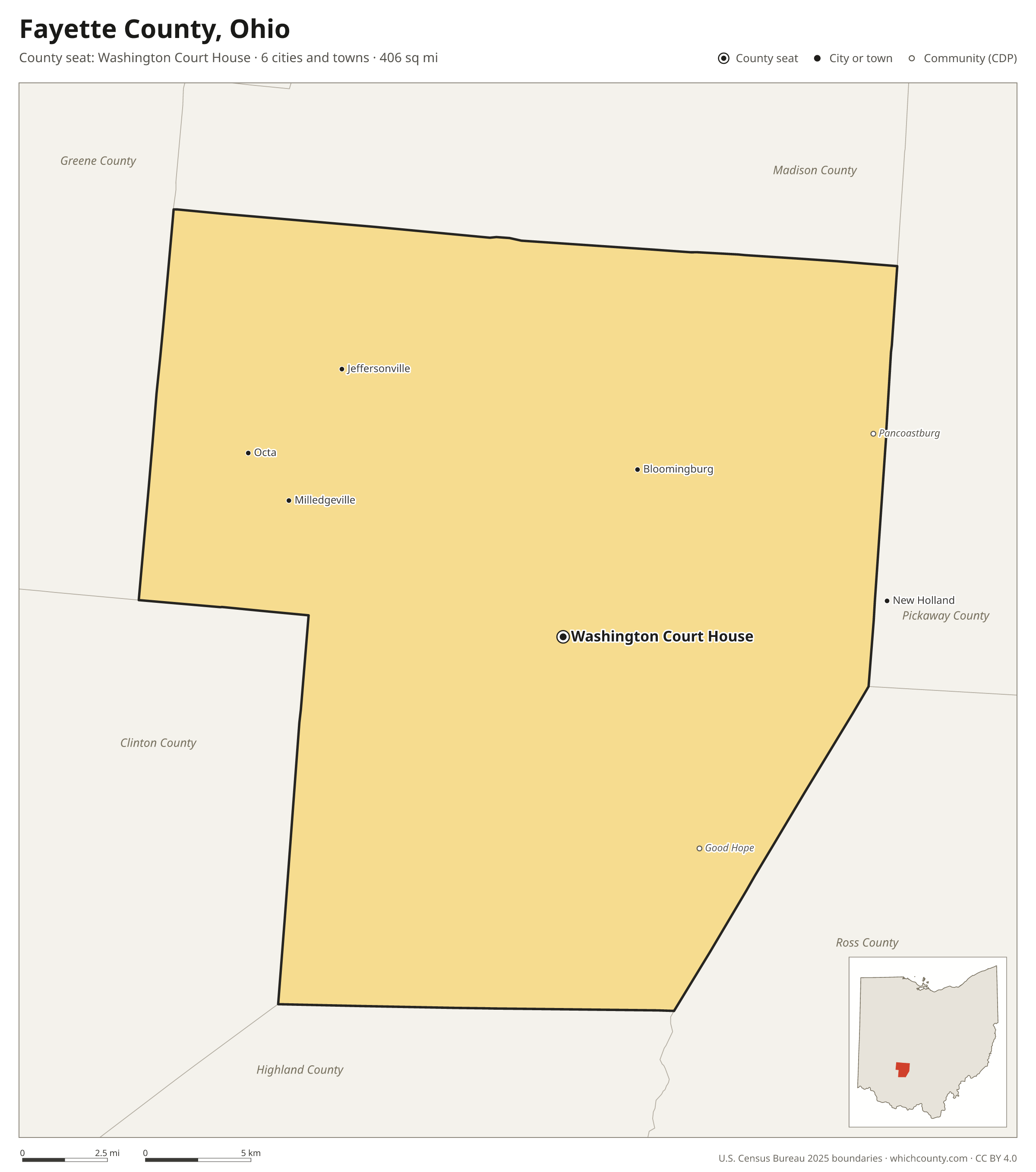 Map of Fayette County, Ohio with cities, towns and the county boundary