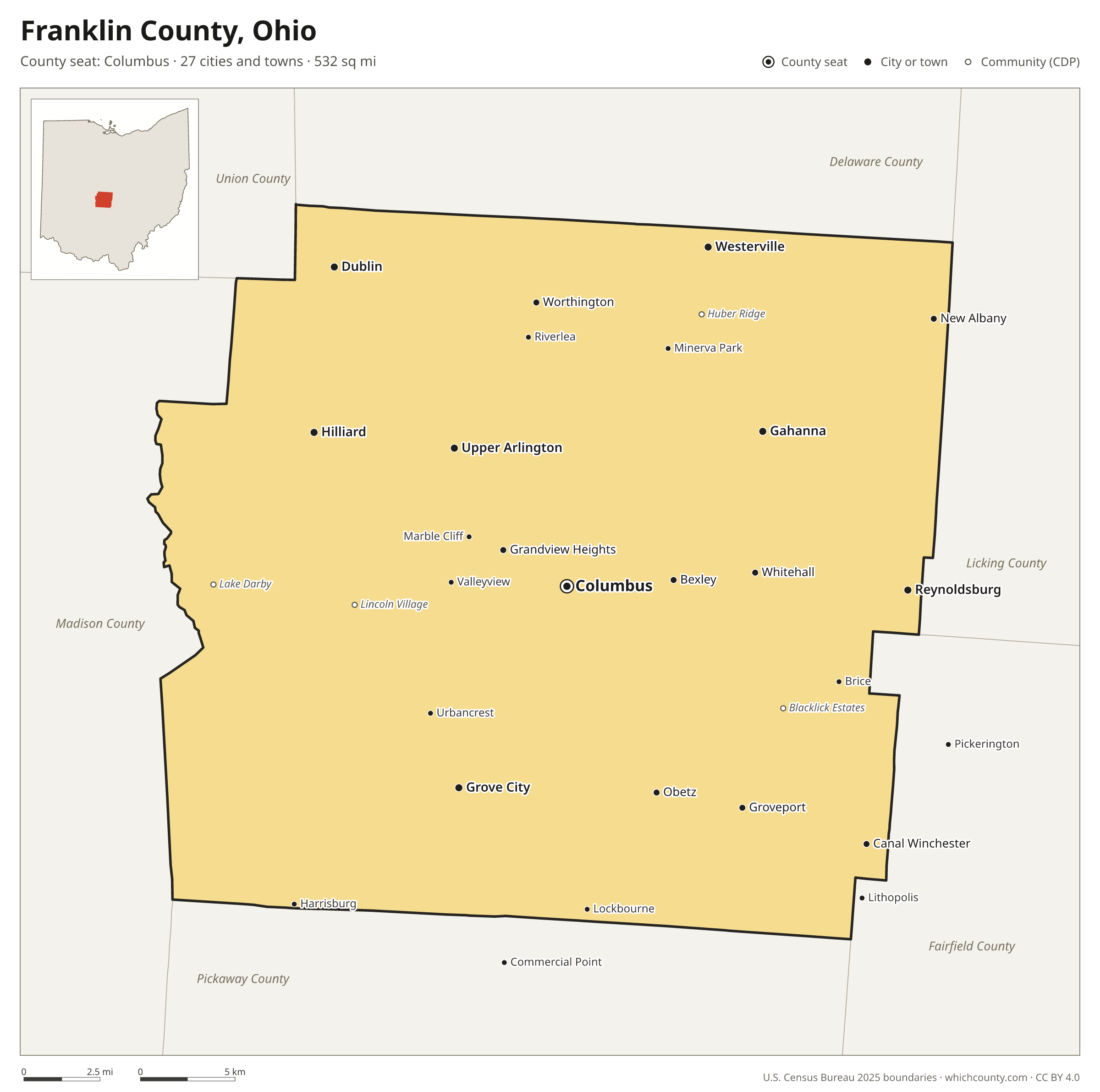Map of Franklin County, Ohio with cities, towns and the county boundary