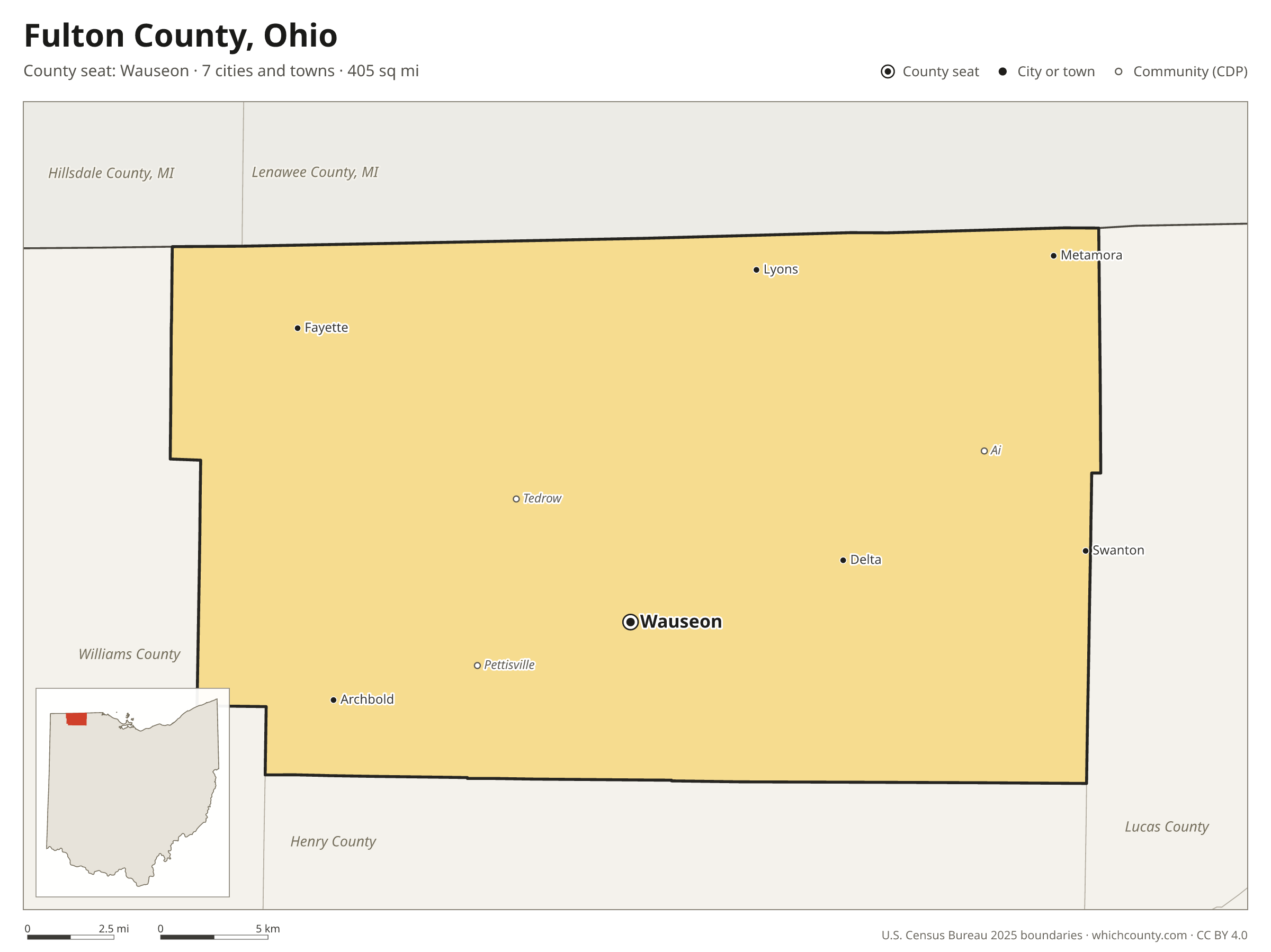 Map of Fulton County, Ohio with cities, towns and the county boundary