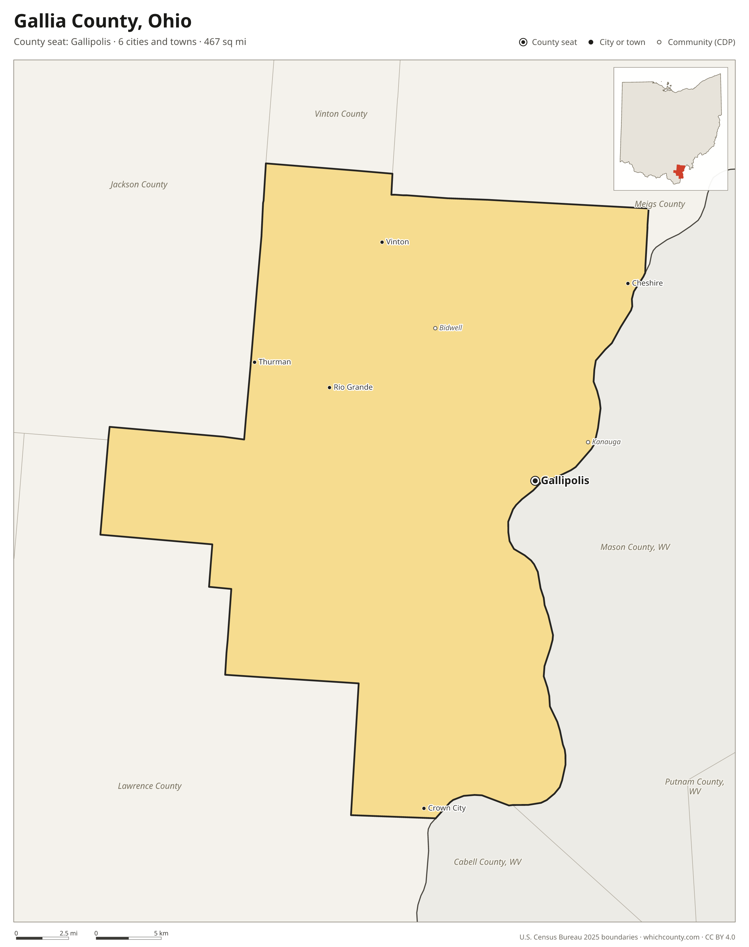 Map of Gallia County, Ohio with cities, towns and the county boundary
