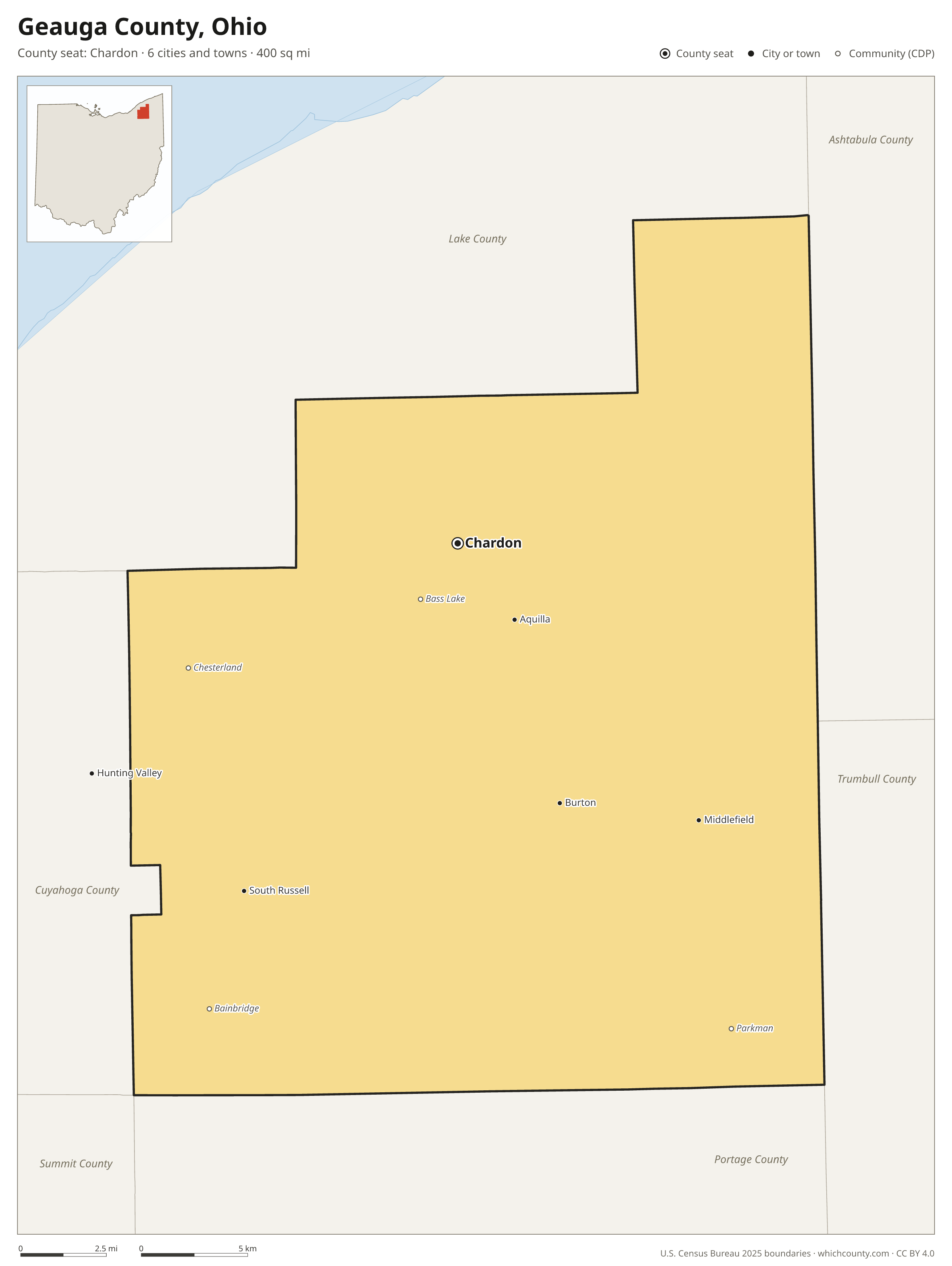 Map of Geauga County, Ohio with cities, towns and the county boundary