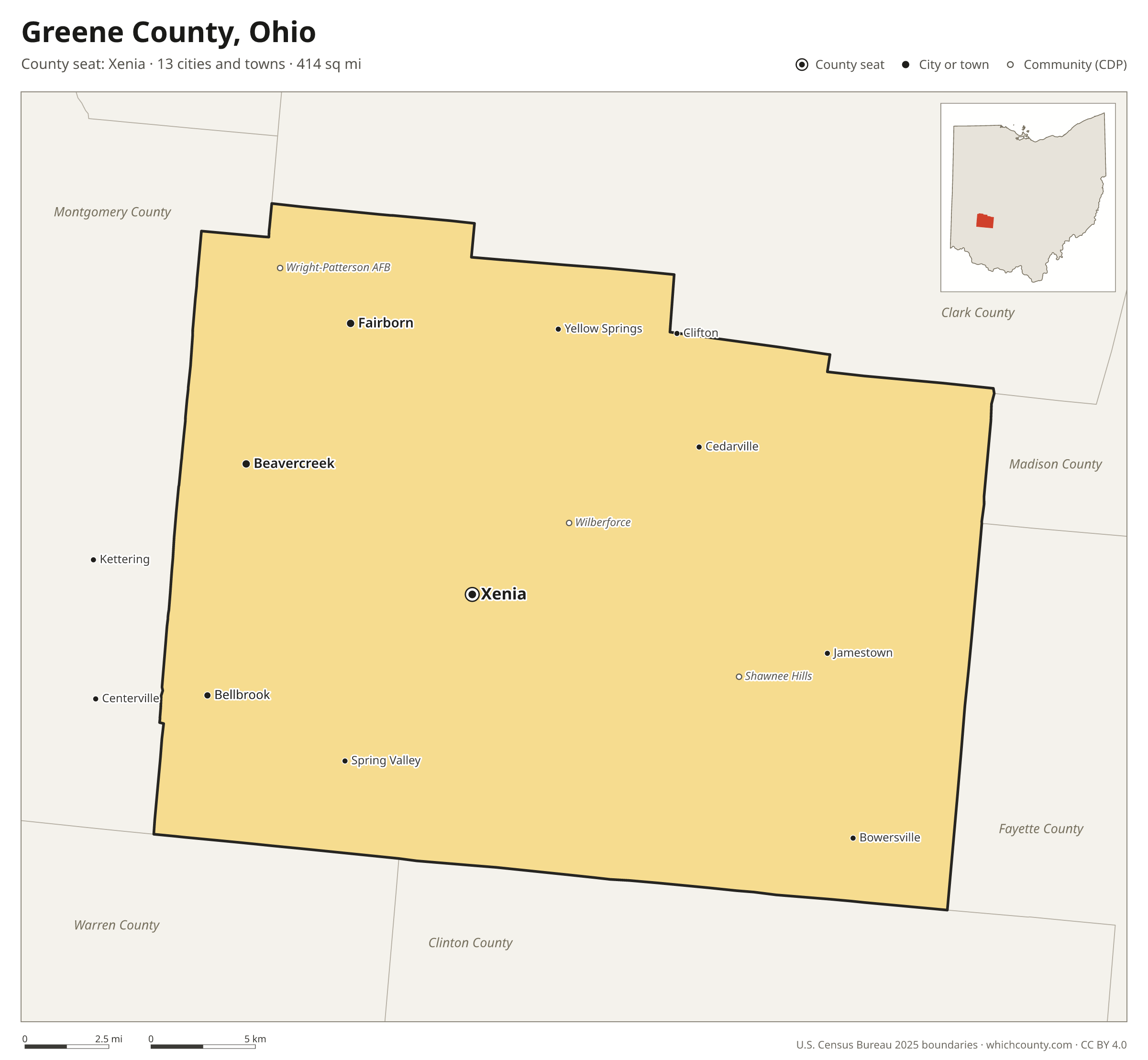 Map of Greene County, Ohio with cities, towns and the county boundary