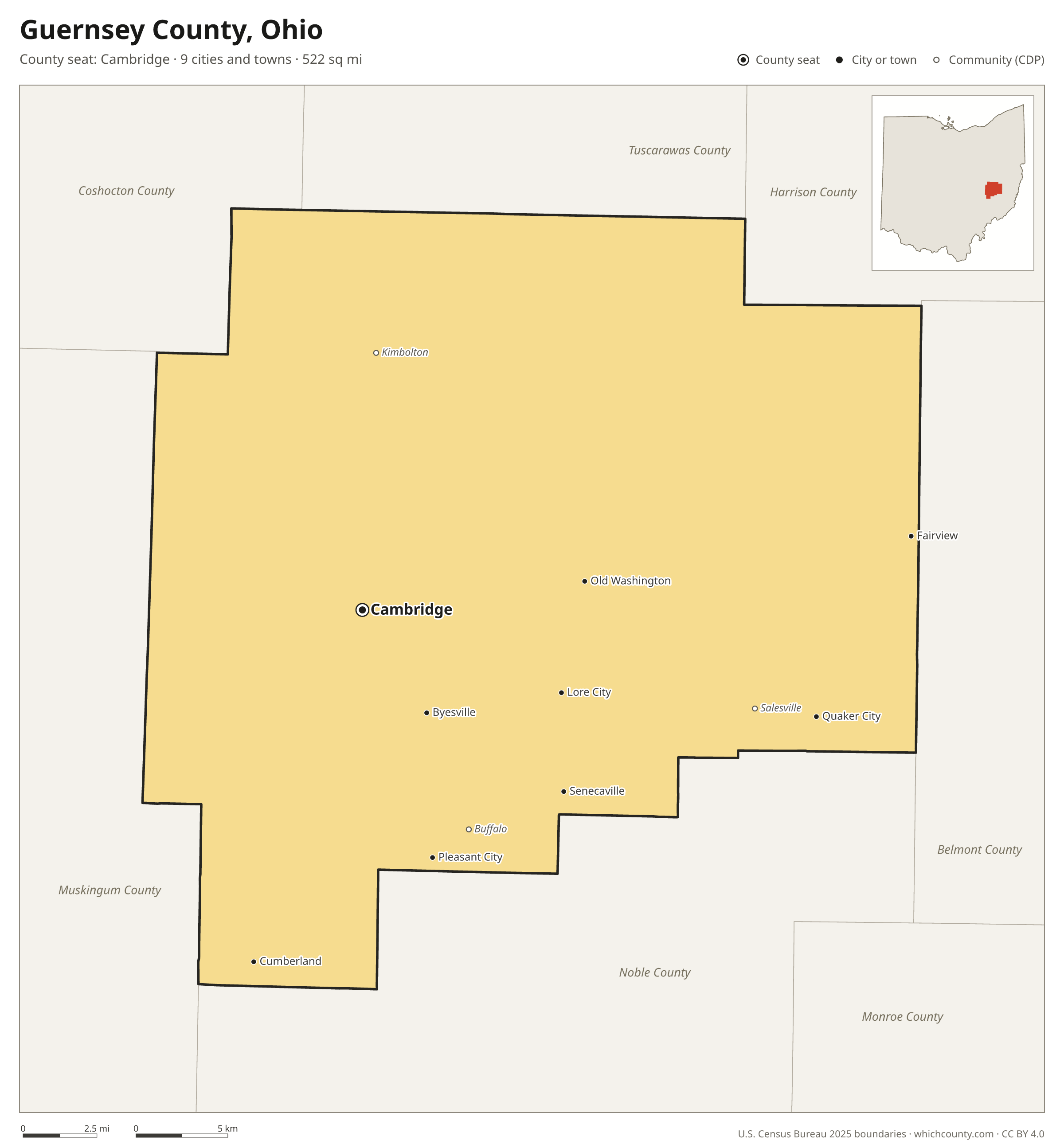 Map of Guernsey County, Ohio with cities, towns and the county boundary
