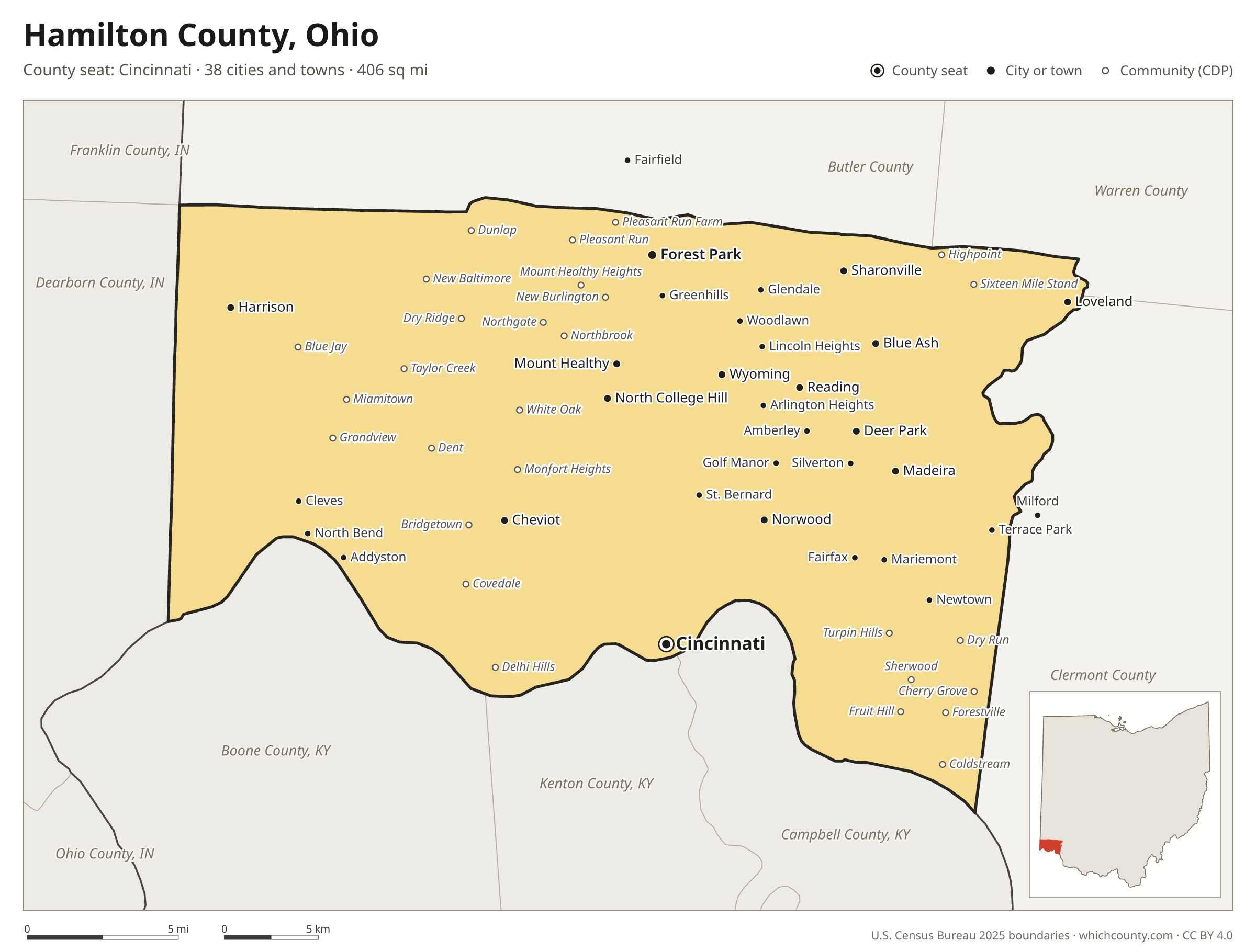 Map of Hamilton County, Ohio with cities, towns and the county boundary