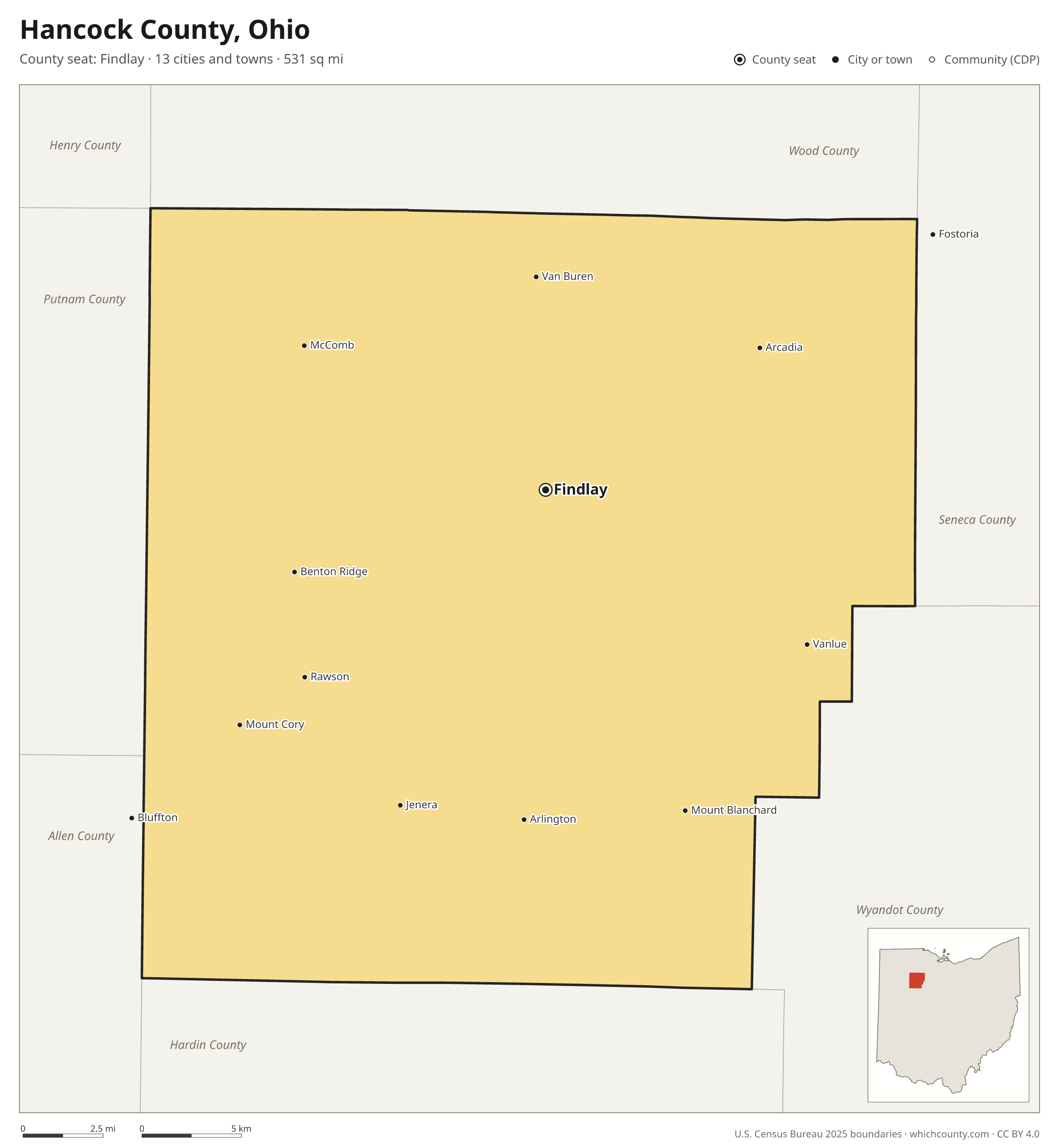 Map of Hancock County, Ohio with cities, towns and the county boundary
