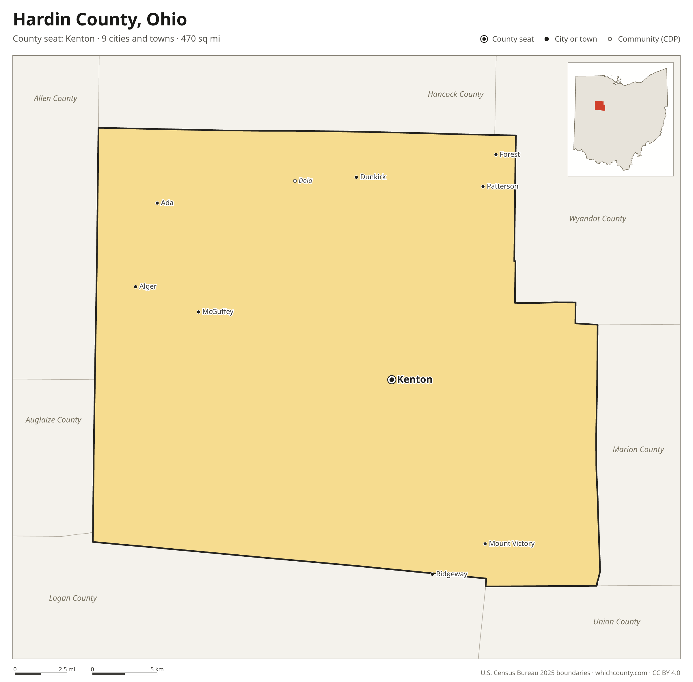 Map of Hardin County, Ohio with cities, towns and the county boundary