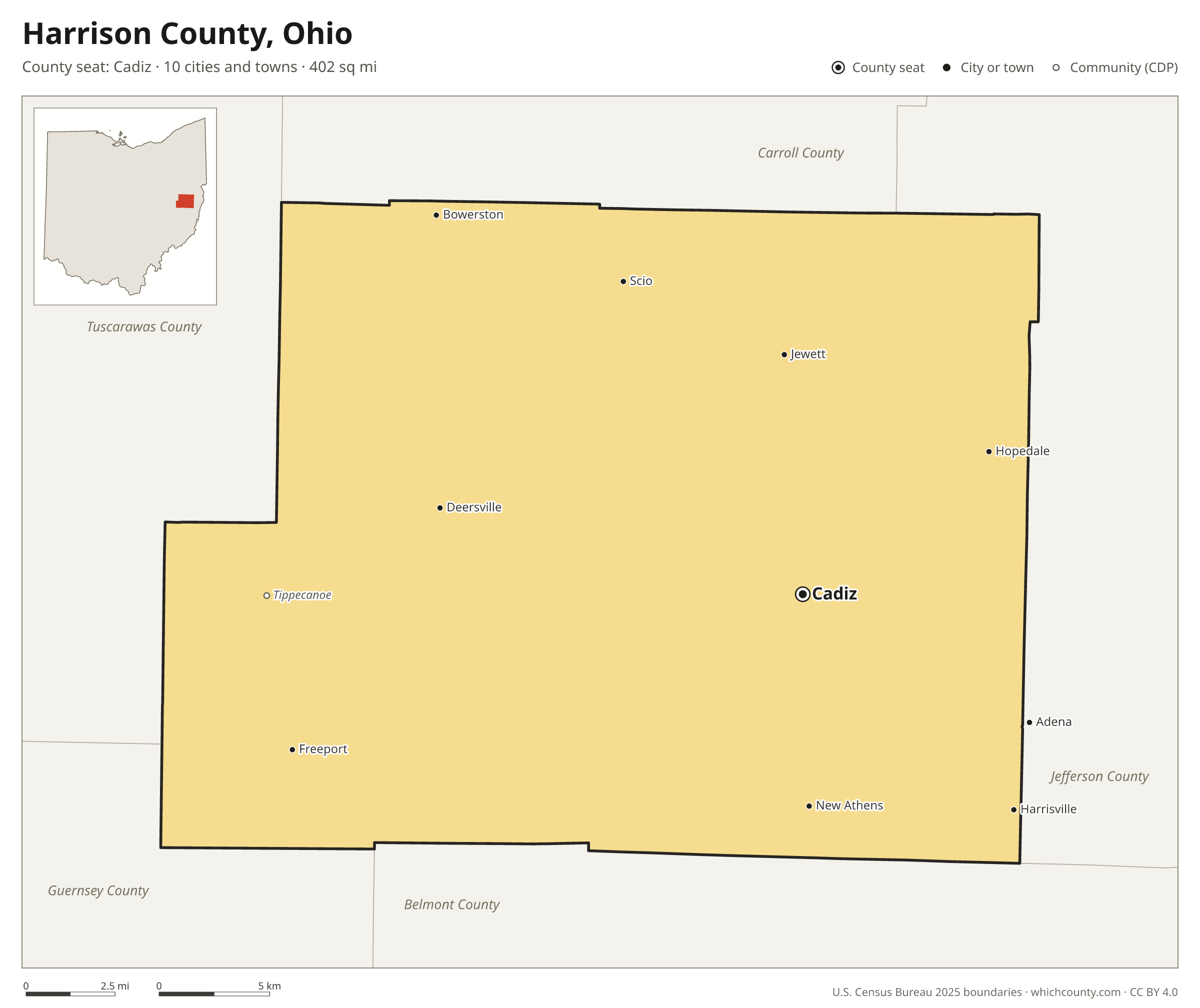 Map of Harrison County, Ohio with cities, towns and the county boundary
