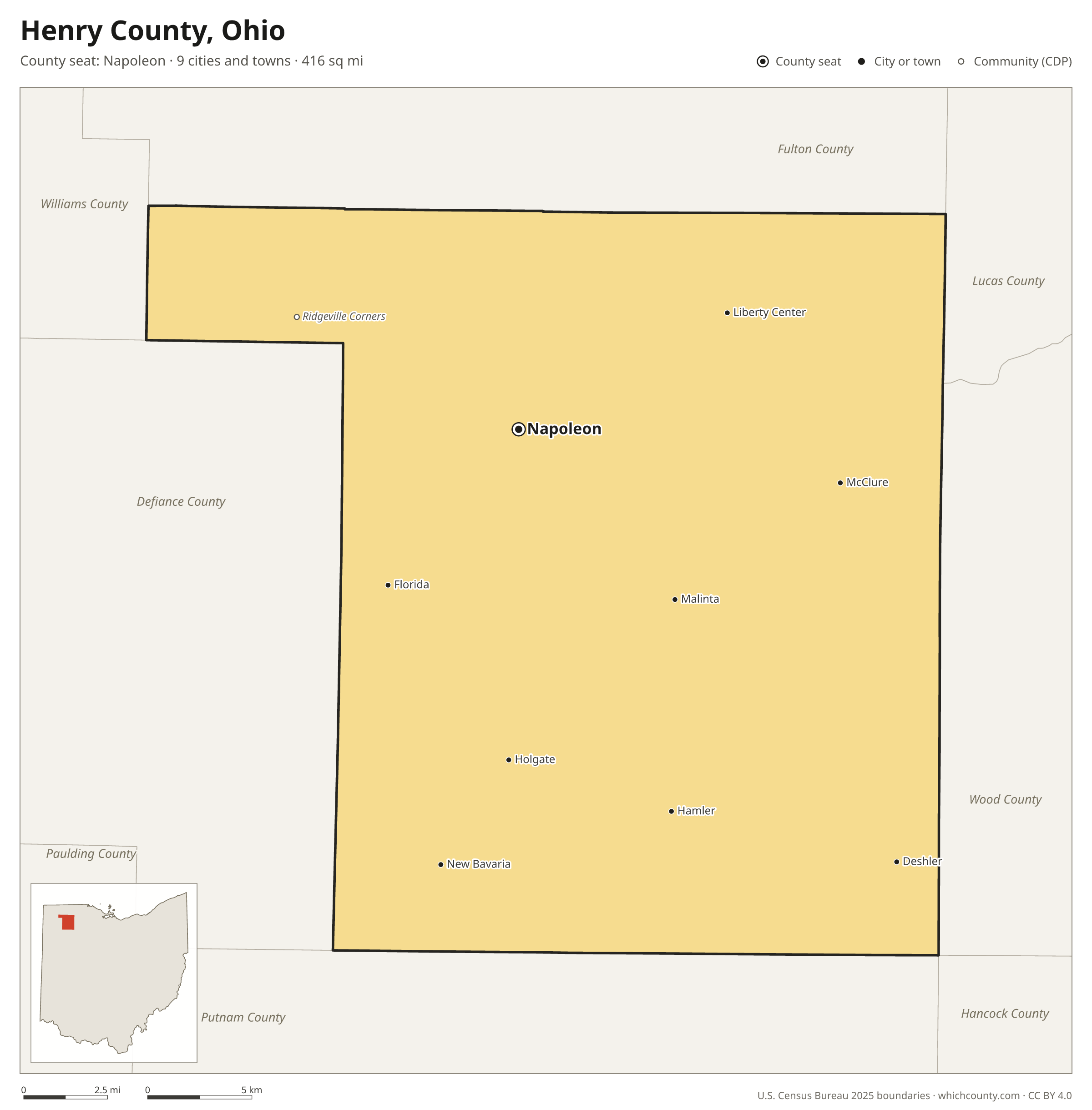 Map of Henry County, Ohio with cities, towns and the county boundary