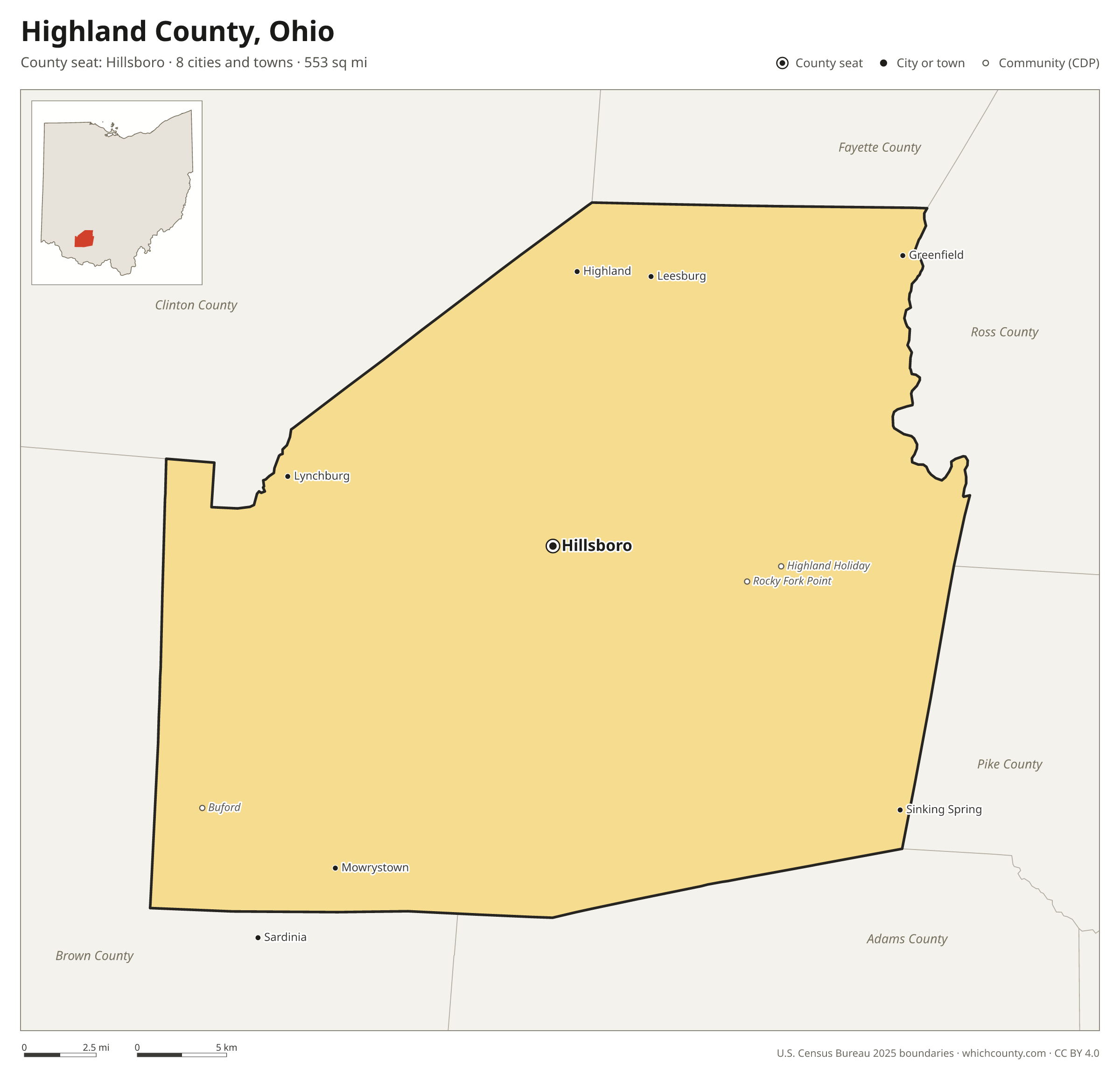 Map of Highland County, Ohio with cities, towns and the county boundary