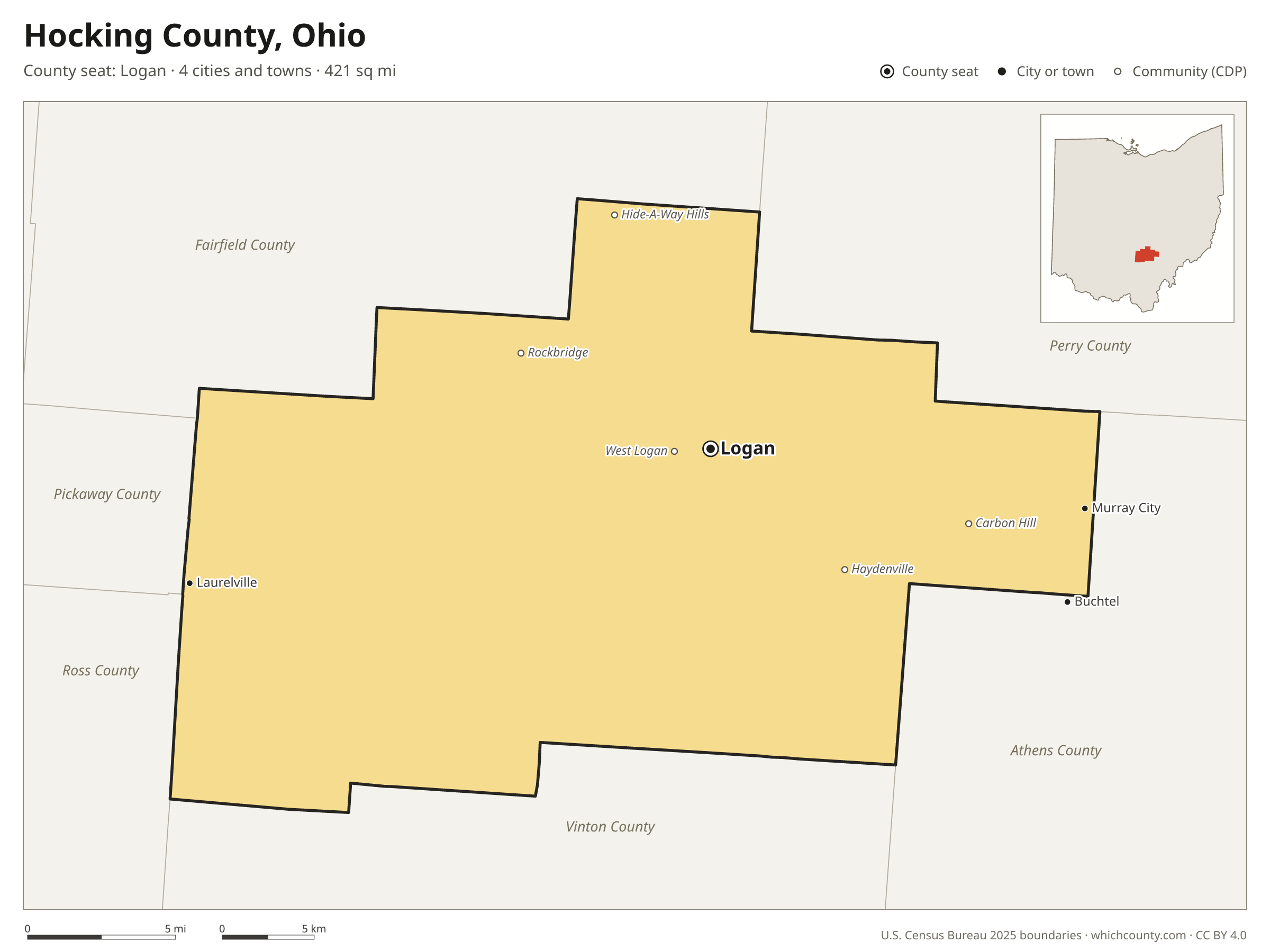 Map of Hocking County, Ohio with cities, towns and the county boundary