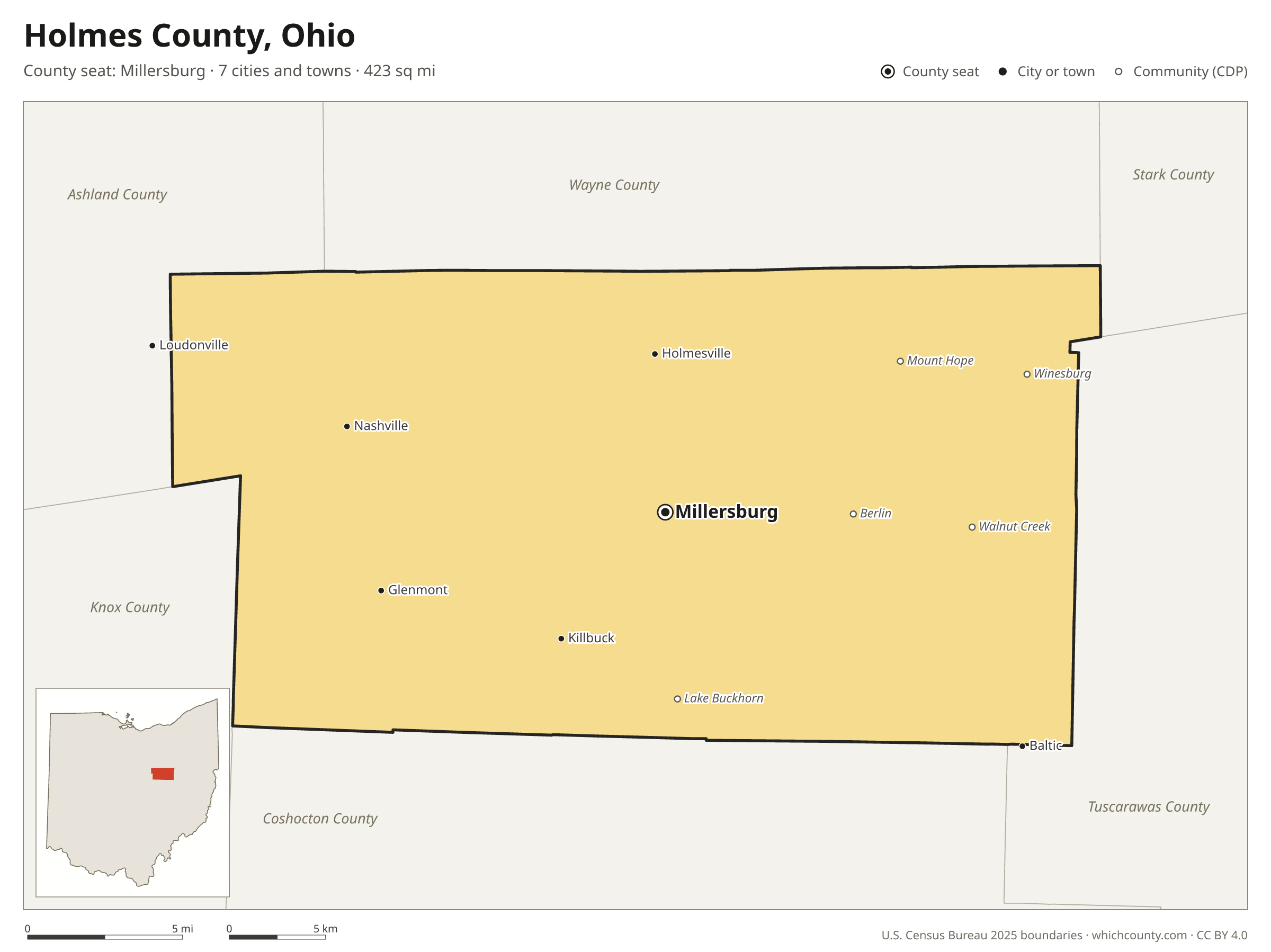 Map of Holmes County, Ohio with cities, towns and the county boundary