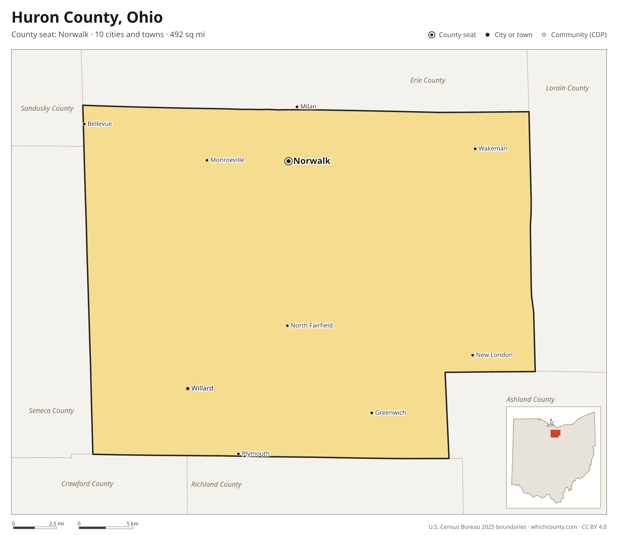 Map of Huron County, Ohio with cities, towns and the county boundary