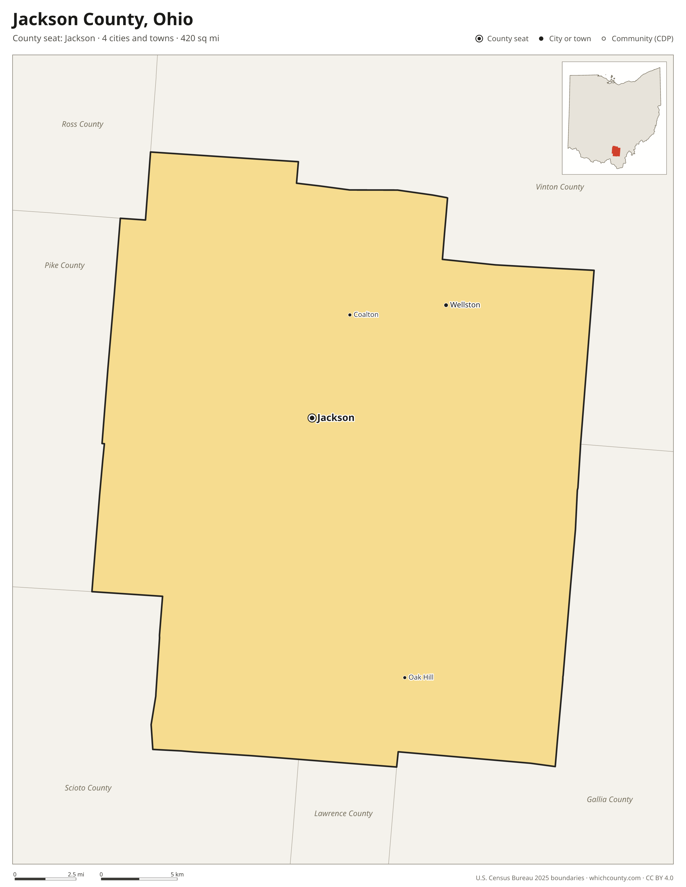 Map of Jackson County, Ohio with cities, towns and the county boundary