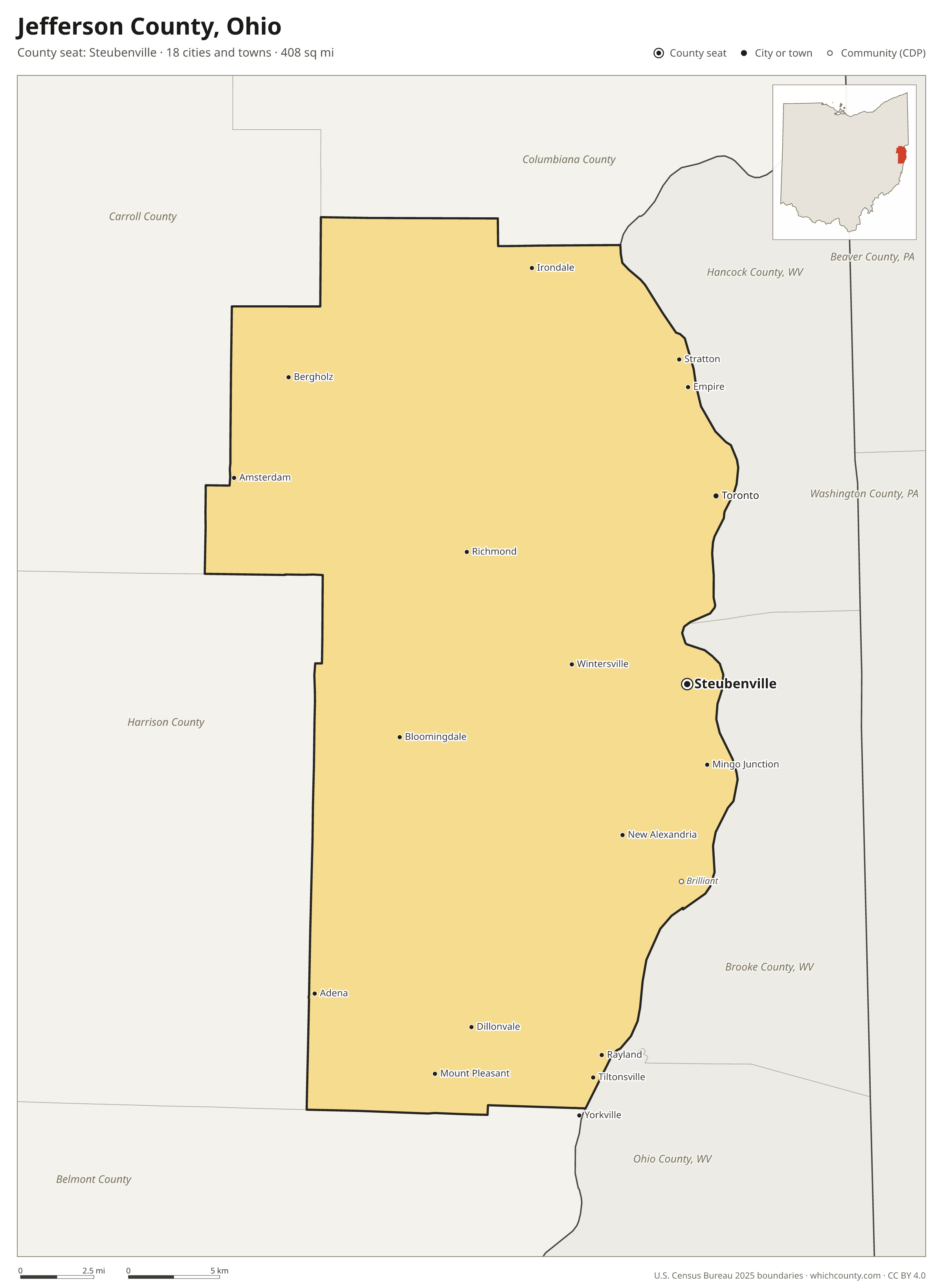 Map of Jefferson County, Ohio with cities, towns and the county boundary