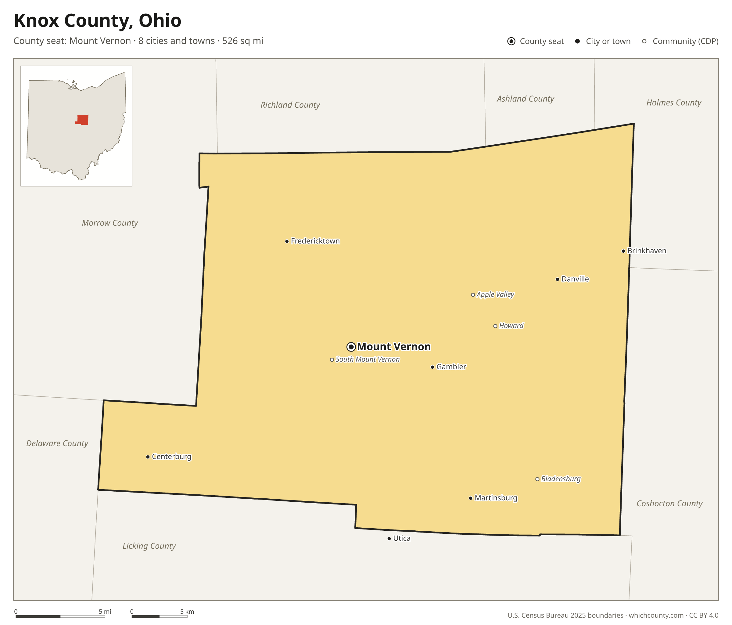 Map of Knox County, Ohio with cities, towns and the county boundary