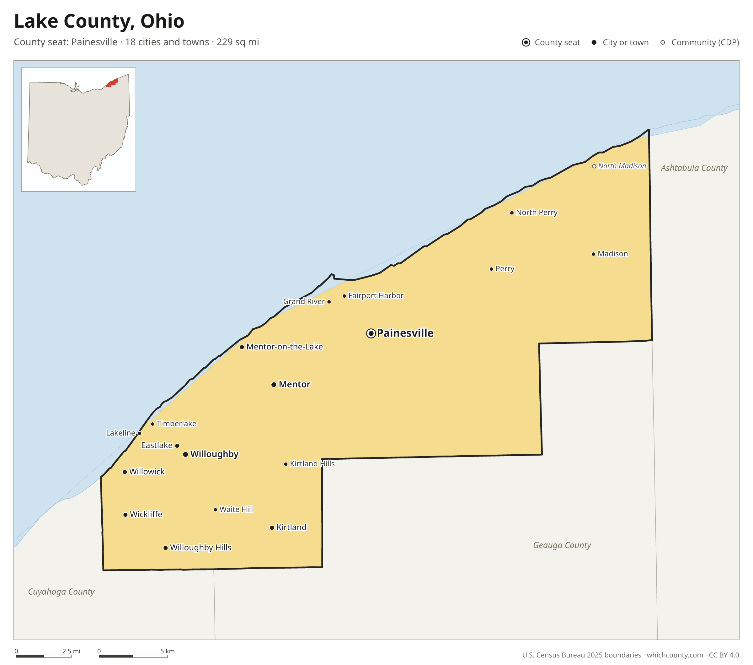 Map of Lake County, Ohio with cities, towns and the county boundary