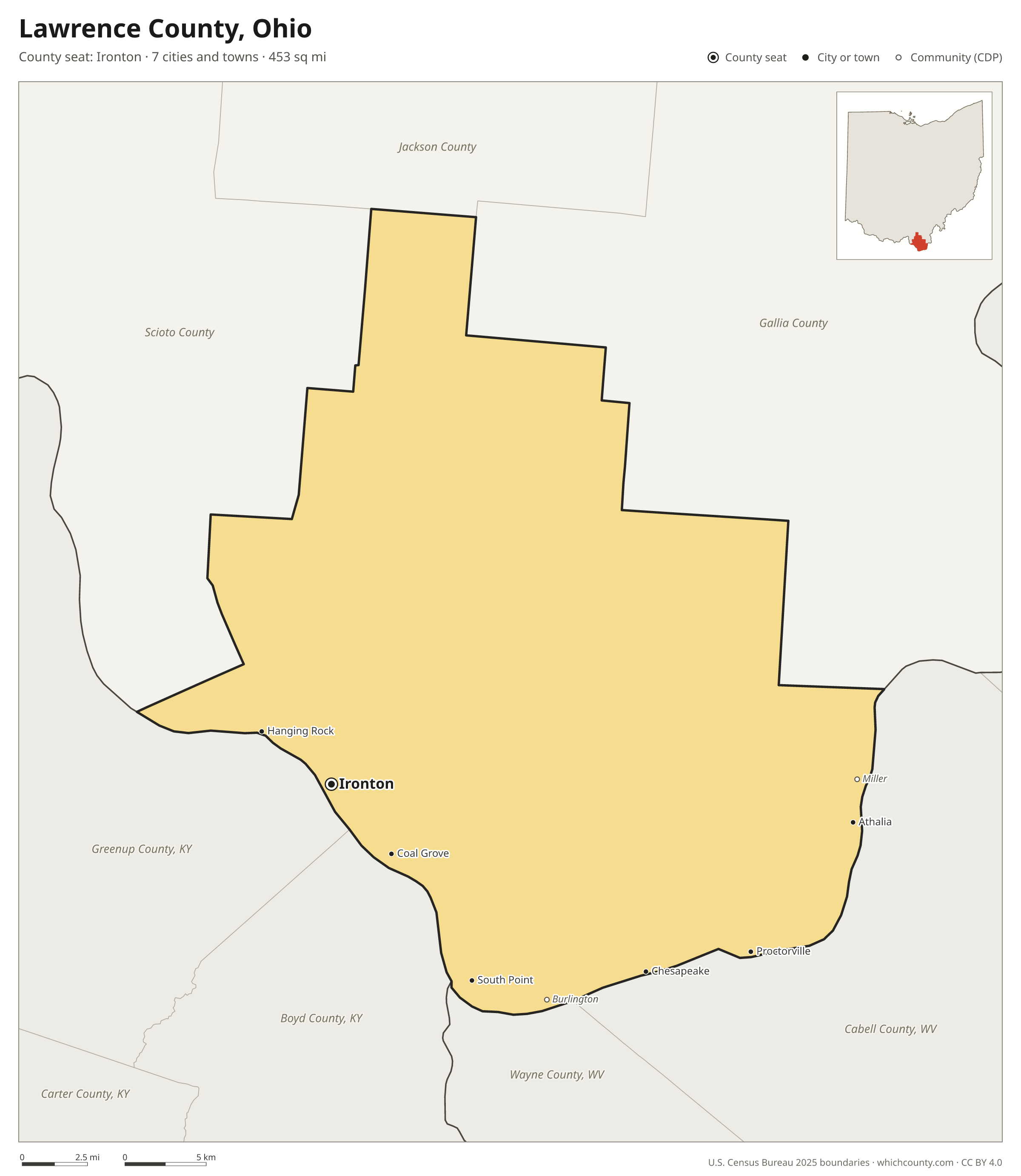 Map of Lawrence County, Ohio with cities, towns and the county boundary