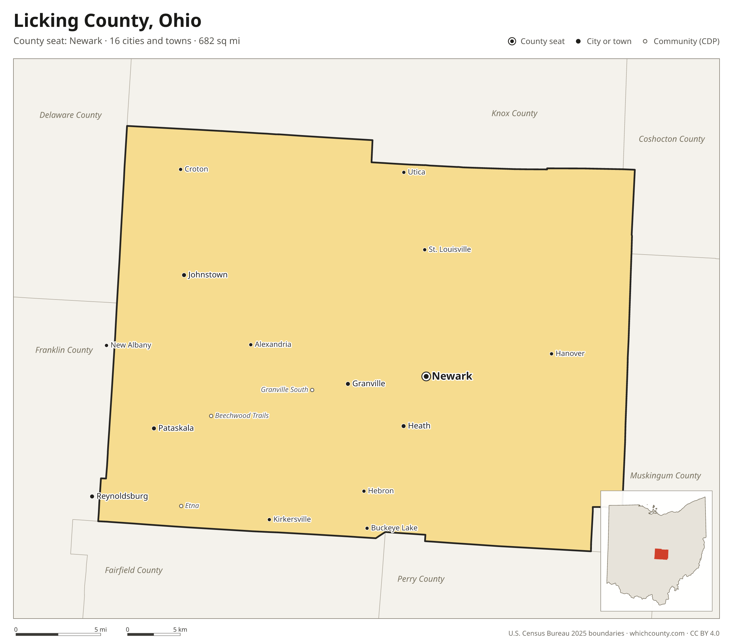 Map of Licking County, Ohio with cities, towns and the county boundary
